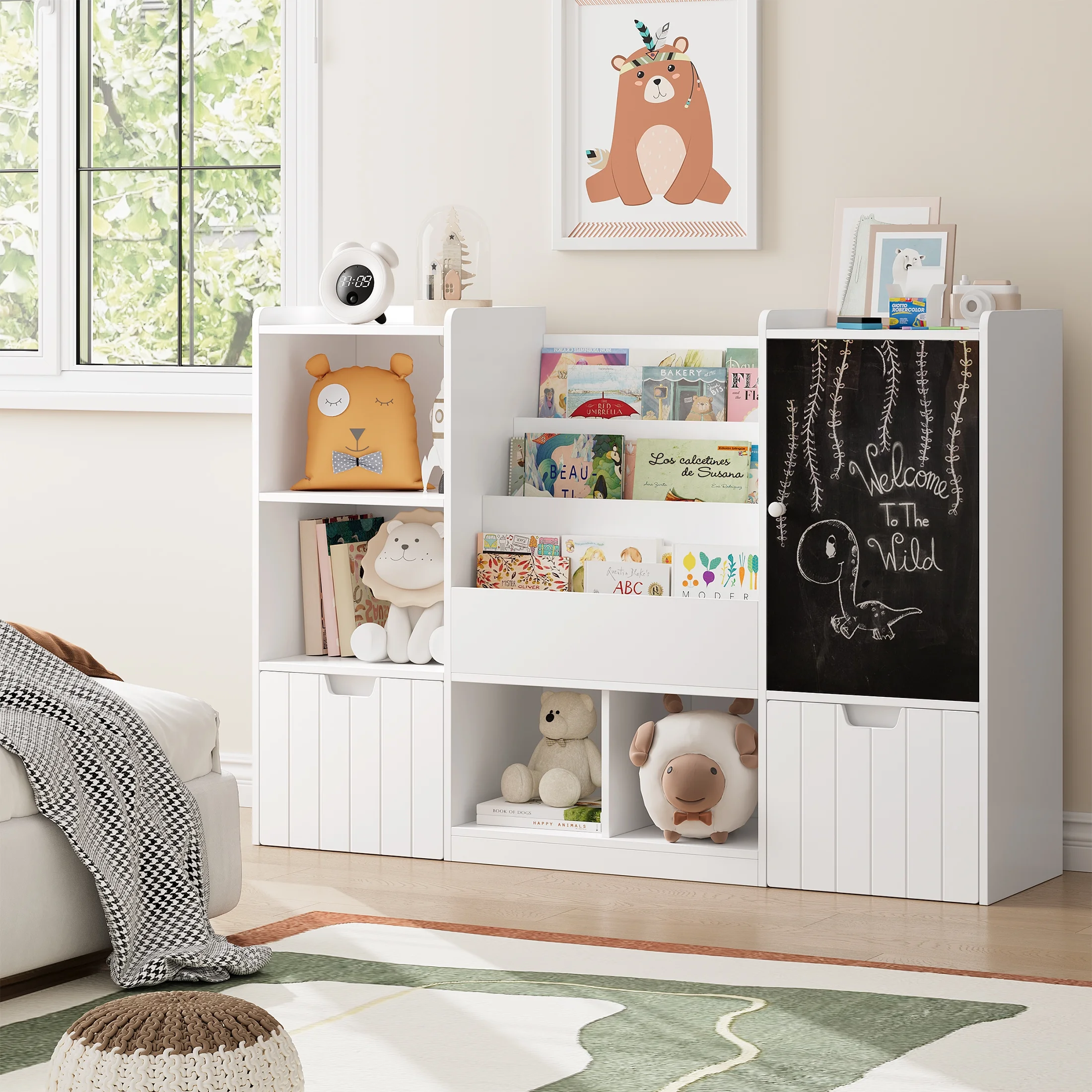 Homfa Kids Bookshelf with Blackboard, Nursery Bookcase with 4 Cubby, 3 Tier Book Rack with 2 Wood Toy Bin for Kids Room, White