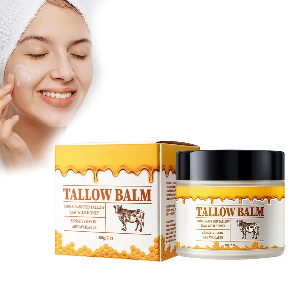 ZUANYETD Beef Tallow Creme für Die Hautpflege, Rinderhalsbalsam, 100% Faltenverteidigung Tallow Balm, Grass Fed Tallow Raw Wild Honey, Gesicht und Körper Gepeitschte Feuchtigkeitscreme