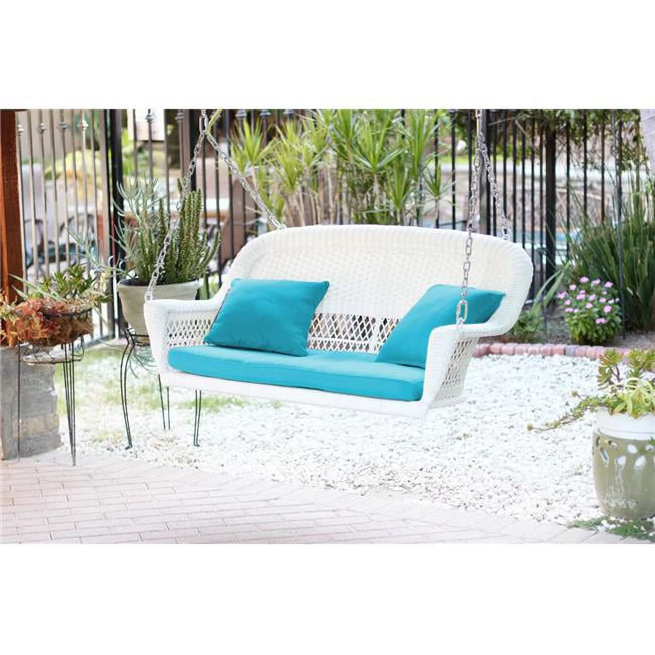 White Resin Wicker Porch Swing with Sky Blue Cushion