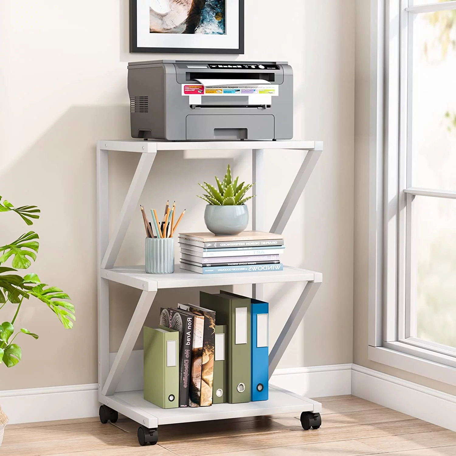 Printer Stand, 3-Tier Rolling Printer Cart Under Desk Storage, Industrial Machine Cart Storage Shelf on Wheels for Home Office
