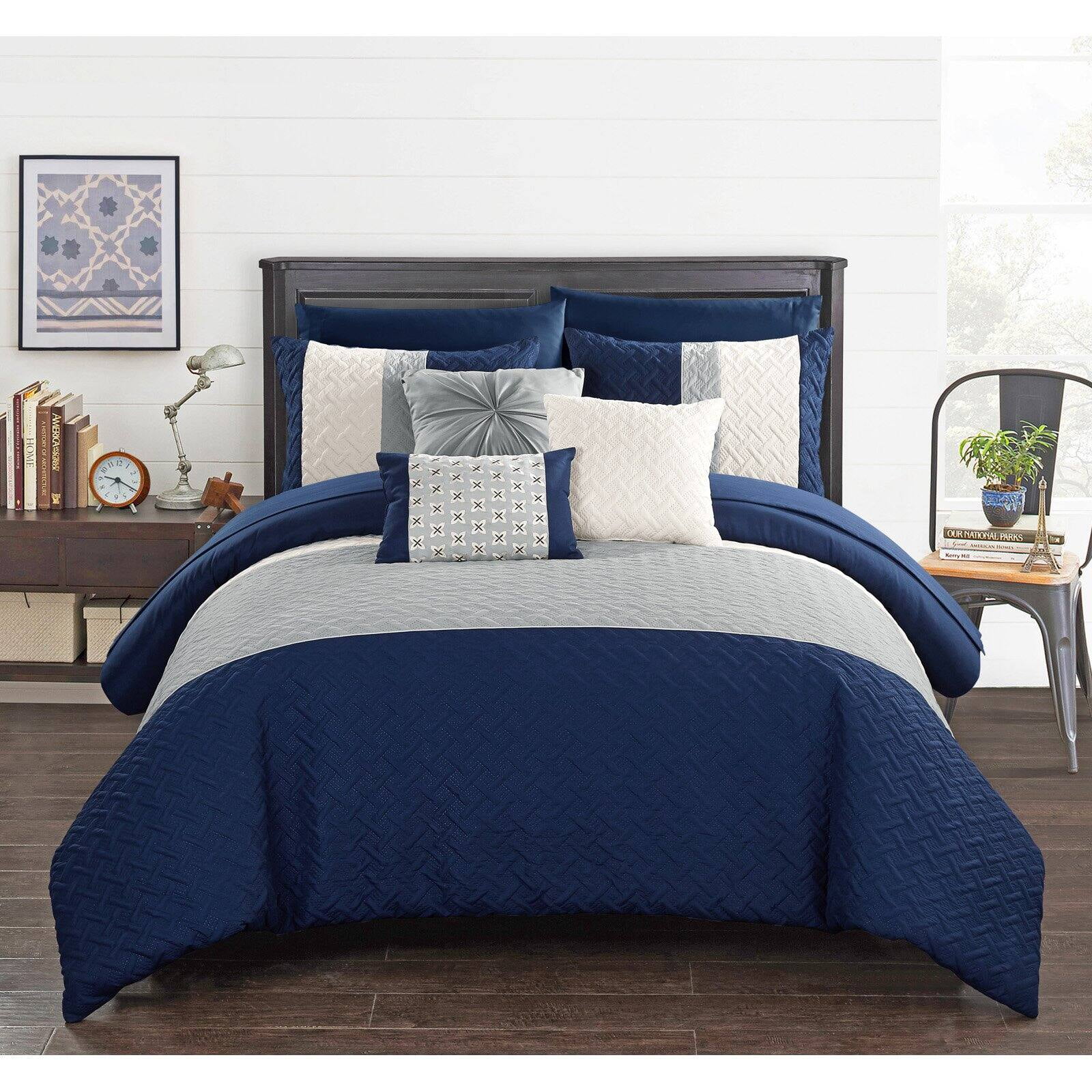 Chic Home Shaila 10 or 8 Piece Comforter Set Color Block Quilted Embroidered Design Bed in a Bag Bedding