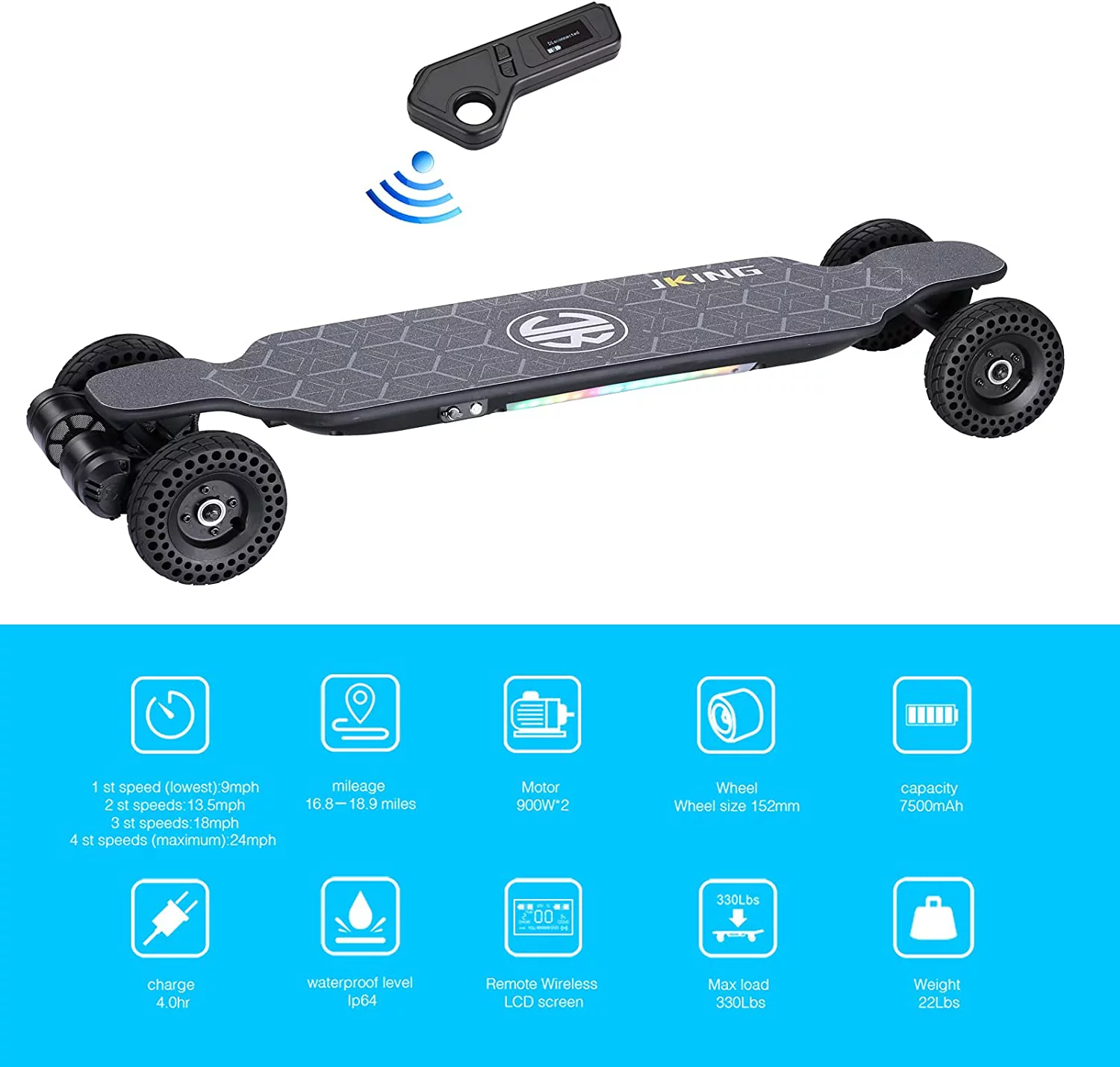 JKING Electric Skateboard Electric Longboard with Remote Control Skateboard,1800W Dual Brushless Motor ,24 MPH Top Speed，18.6 Miles Range,4 Speed Adjustment，Max Load 330 Lbs,12 Months Warranty