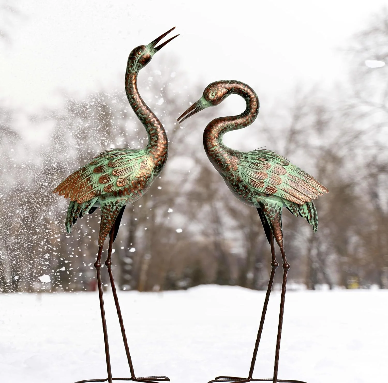 MINGFENG Garden Crane Statues, Blue Heron Sculptures for Outdoor, Cranes Decor Metal Bird, Patina Garden Art Lawn Ornaments for Yard Patio Porch Outside Decorations