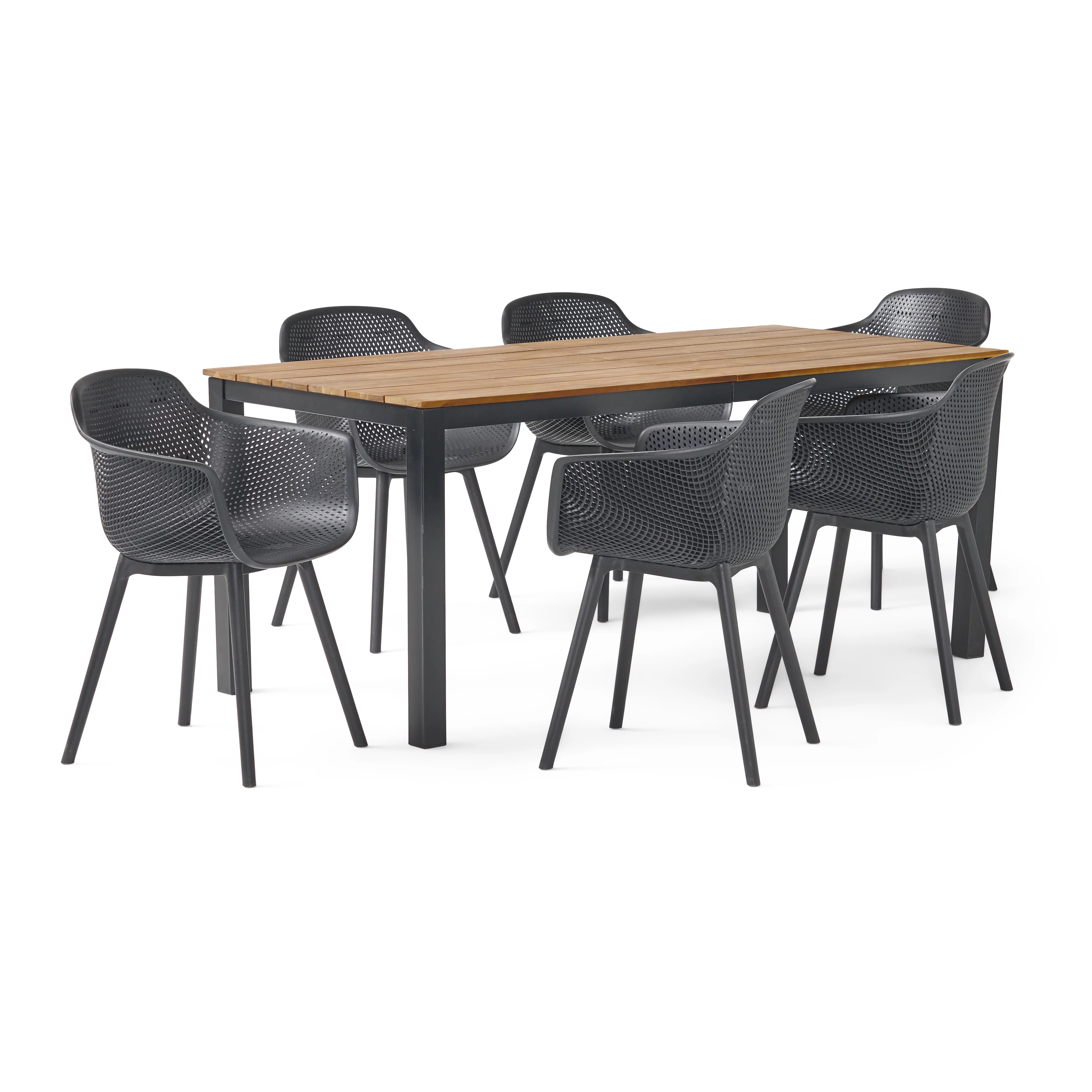 GDF Studio Riviera Outdoor Resin and Acacia Wood 7 Piece Dining Set, Black and Teak