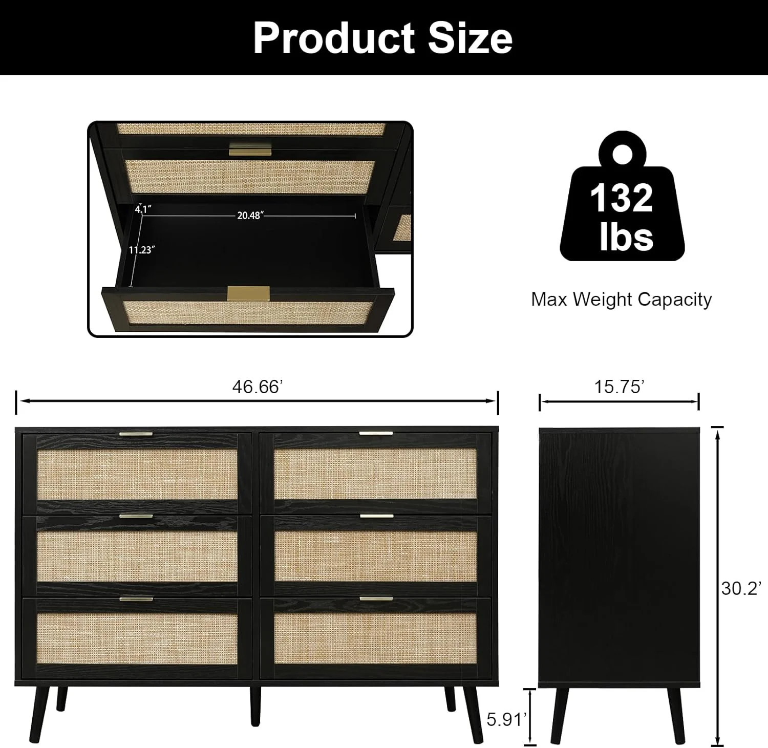 xrboomlife 6 Drawer Rattan Dresser for Bedroom 46" Wood Dresser Wide Chest of Drawers Double Dresser Clothes Organizer for Hallway Living Room Bedroom Black