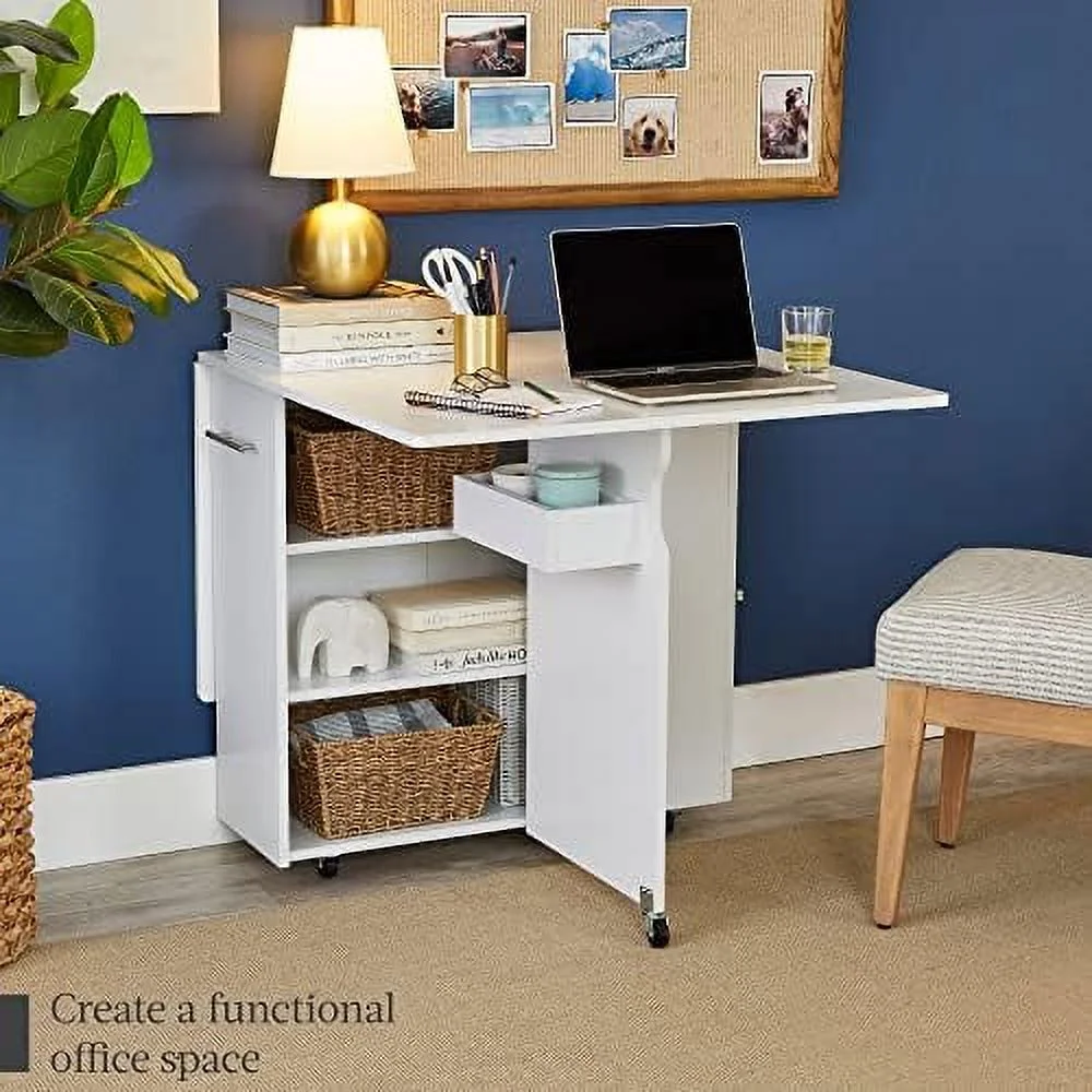 STVBG Folding Dining Table Multipurpose Collapsible Drop Leaf Extension Versatile Space Saving Desk w/Wheels 3 Shelves Metal Handle - White