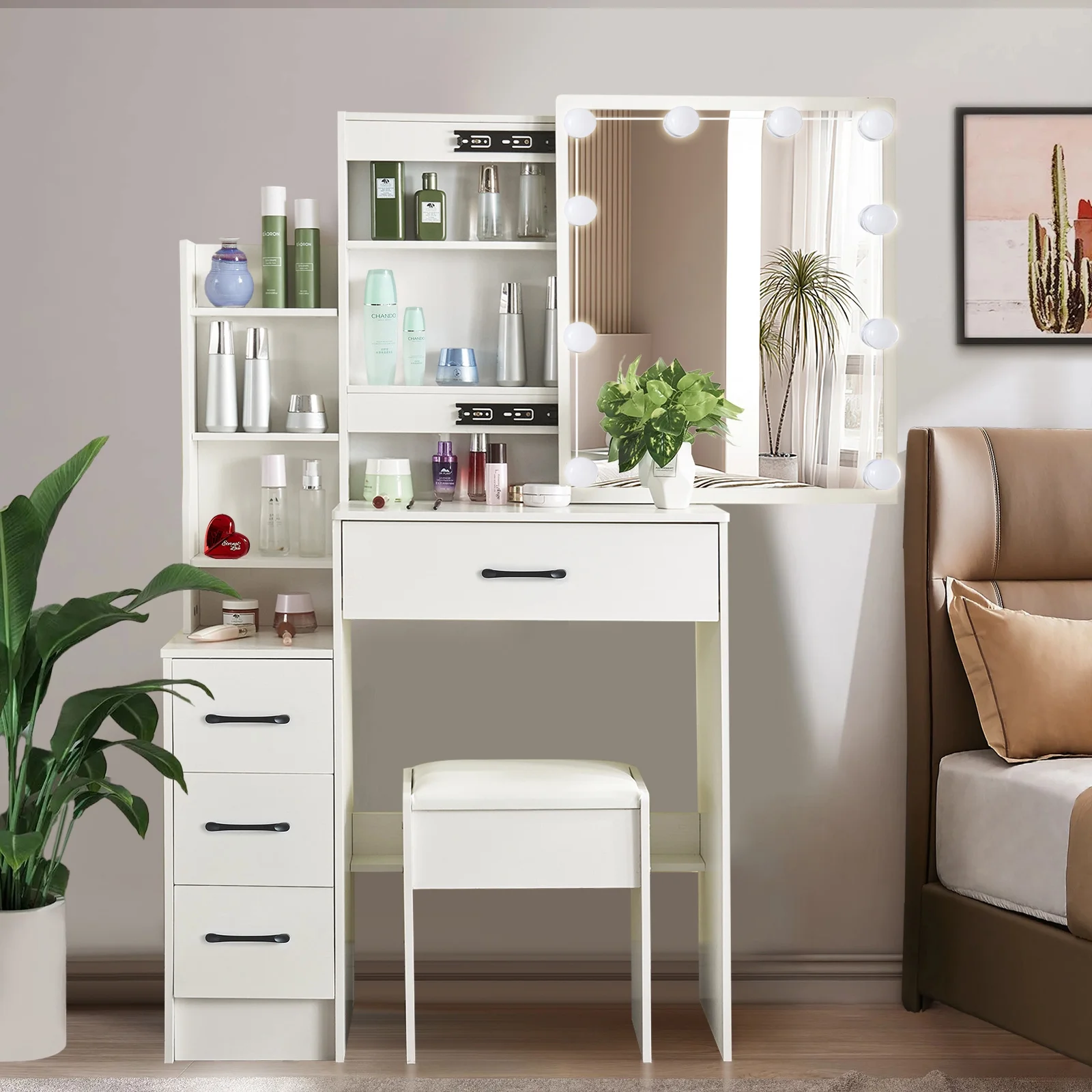 Ciumeeo Vanity Desk with Mirror, Power Outlet and 10 Lights, Makeup Table with 4 Drawers, 3 Color Modes Available for Bedroom, White