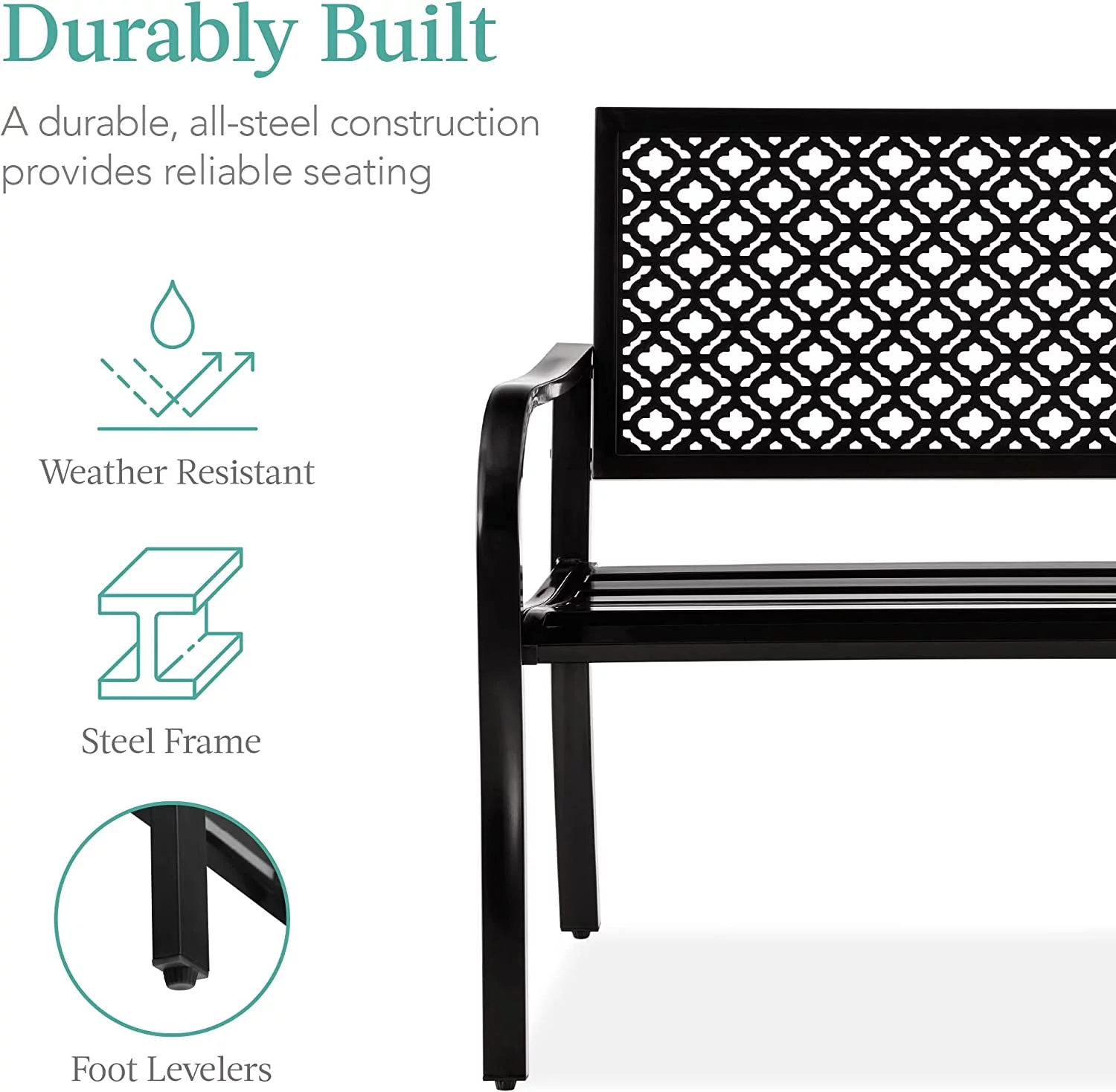 Outdoor Bench 2-Person Metal Steel Benches Furniture for Garden, Patio, Porch, Entryway w/Geometric Backrest, 790lb Capacity – Black