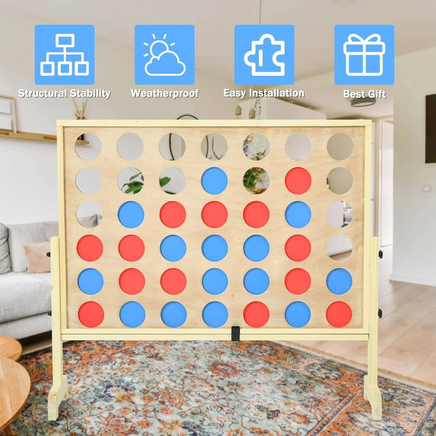 RayChee Premium Giant 4 in a Row Connect Games, Wooden Connect Four Game Jumbo, Connect 4 Giant Yard Game w/42 Pcs Chips, Durable Carrying Bag & Quick-Release Lever for Family (Solid Wood Set)