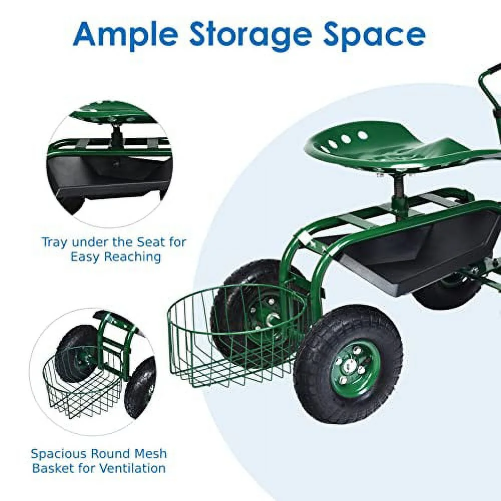Rolling Garden Cart with Seat, Heavy Duty Gardening Scooter w/ Wheels, Storage & Extendable Steering Handle, Garden Work Seat for Planting, Green