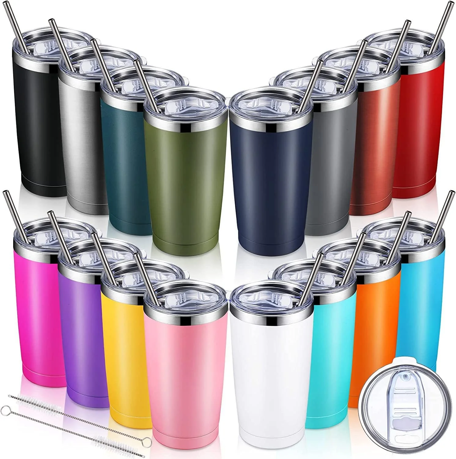 Insulated Coffee Mugs Stainless steel Tumbler with Lid and Straw, 20 oz Double Wall Vacuum Coffee Travel Mug, Rose(Included Brush)