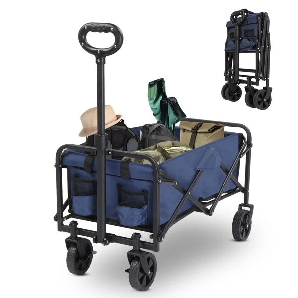Al Fresco Folding Wagon Cart for Garden Camping Beach, Extra Large Capacity, Hold Up To 220lbs, All-Terrain Wheels, Blue