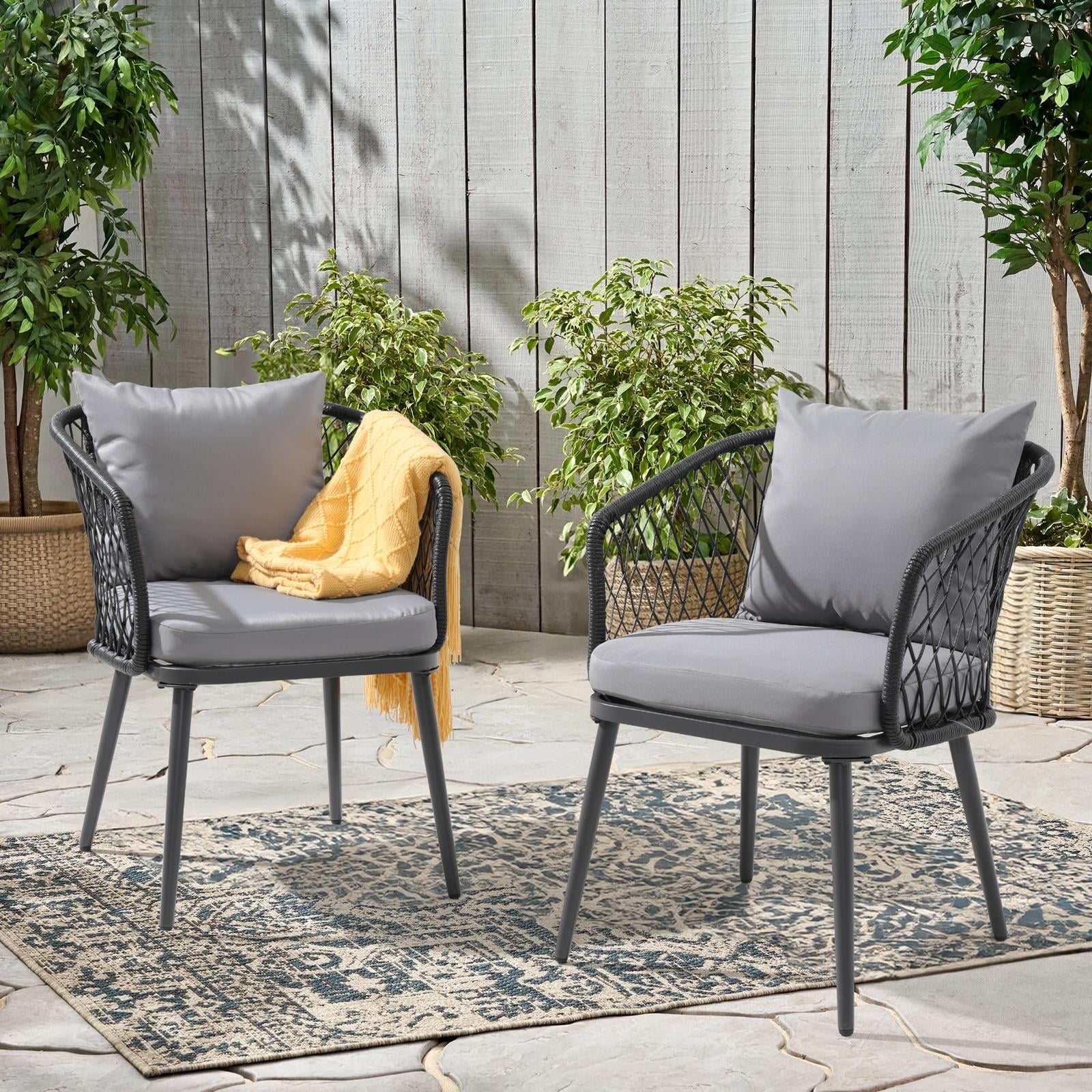 OC Orange-Casual Outdoor Dining Chair, All-Weather Wicker patio Dining Chair, Rattan Armchair Seating with Cushion, Set of 2, Black Wicker