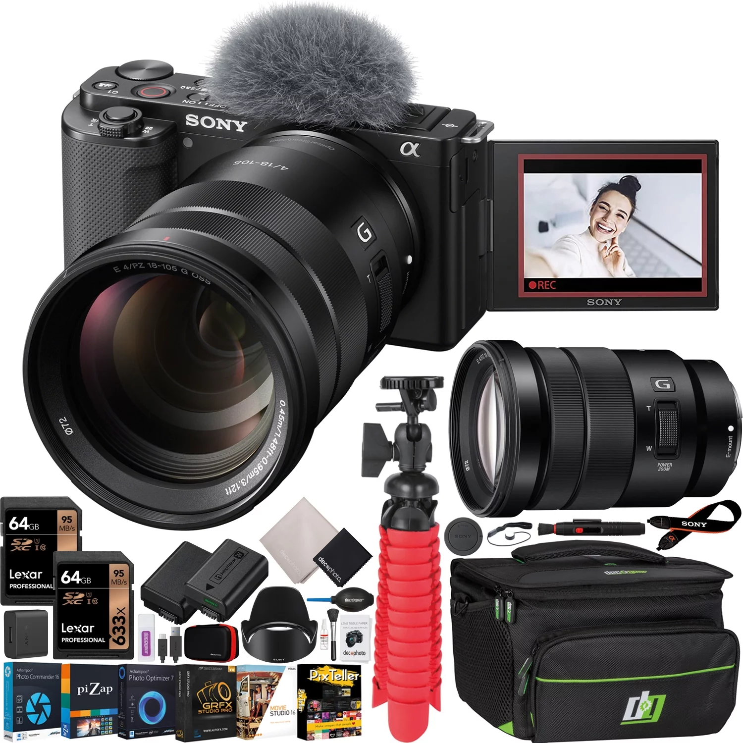 Sony ZV-E10 Mirrorless Alpha APS-C Vlog Camera Body and 18-105mm F4 E PZ G OSS Power Zoom G Lens SELP18105G ILCZV-E10/B Black Bundle with Deco Gear Case, Extra Battery, Photo Video Accessories Kit