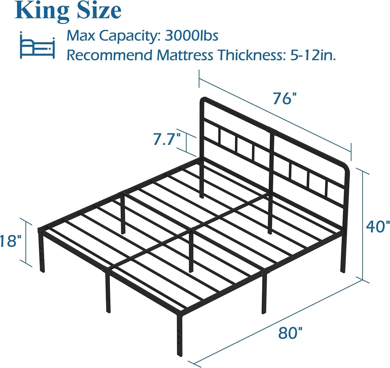 Lutown-Teen King Size Bed Frame with Headboard, 18 Inch Metal Platform No Box Spring Needed Heavy Duty Steel Slat Mattress Foundation/Easy Assembly/Noise Free/Black