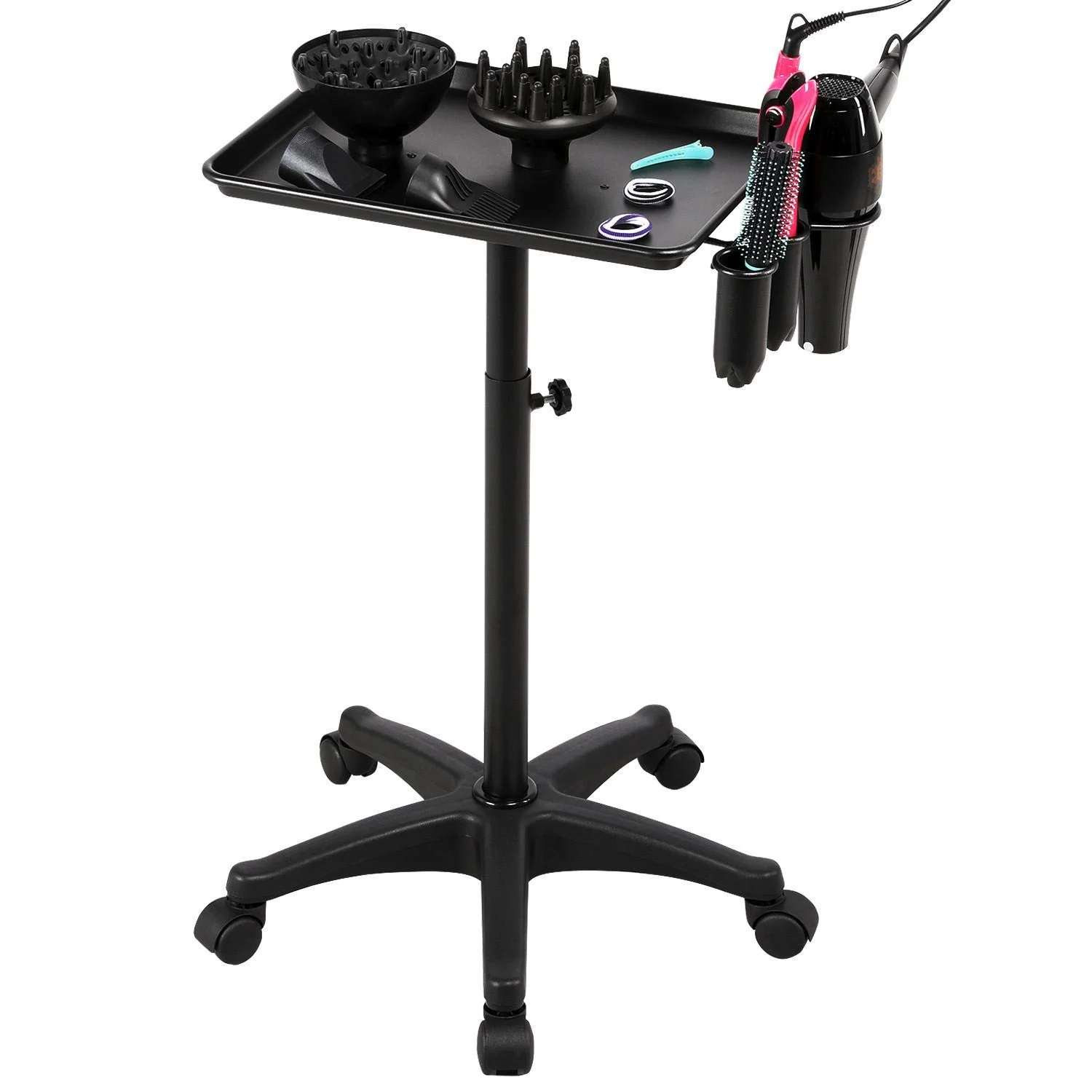 Beauty Rolling Aluminum Tray Cart, Utility Cart, Hair Salon Service Instrument Trolley Stand with 5 Casters and Accessory Caddy for Bathroom Office, Black