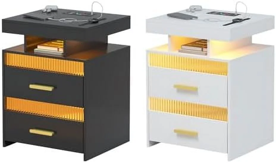 GEROBOOM LED Nightstand with Charging Station Modern End Table with 2 Drawers Bedside Table with with Human Sensor 24 Colors Lights for Bedroom (Black)