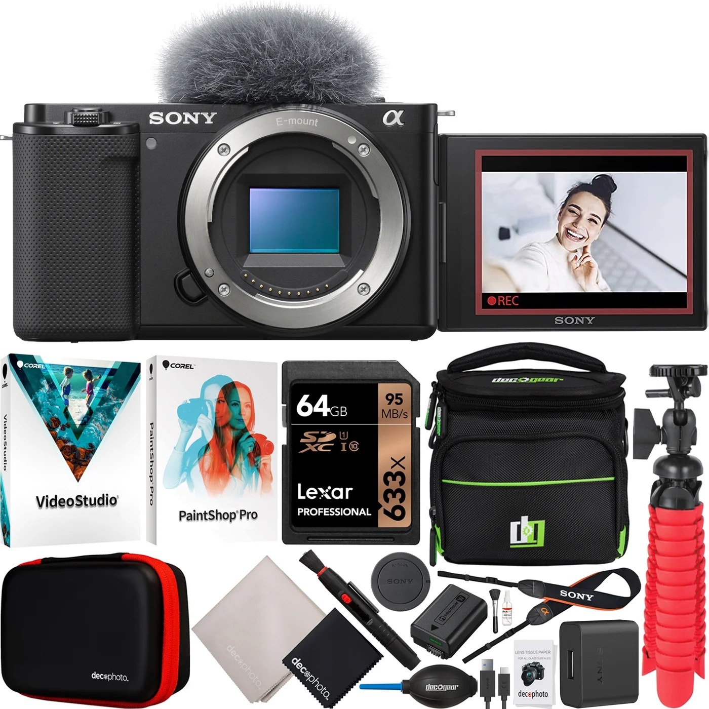 Sony ZV-E10 Mirrorless Alpha APS-C Interchangeable Lens Vlog Camera Body ILCZV-E10/B Black Bundle with Deco Gear Photography Case + Photo Video Software + Compact Tripod & Accessories Kit