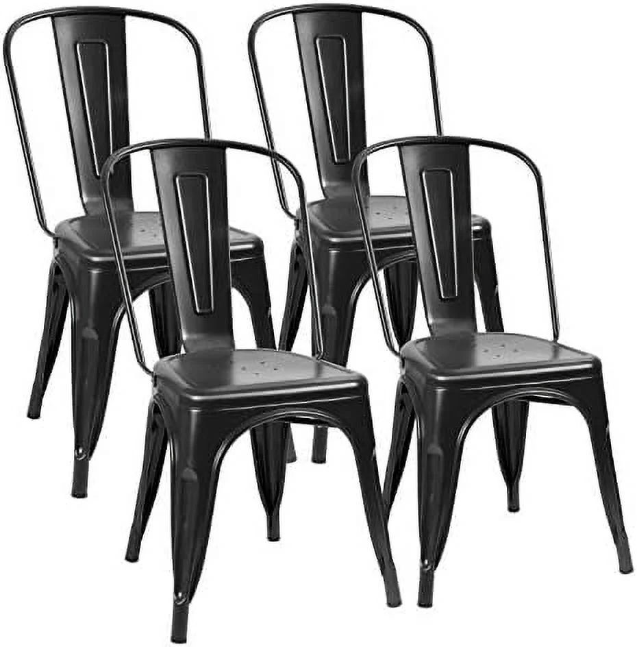 SQSFCB Metal Dining Chairs Indoor-Outdoor Use Stackable Side Chairs with Back Industrial Kitchen Classic Trattoria Chair Set of 4 (Black)