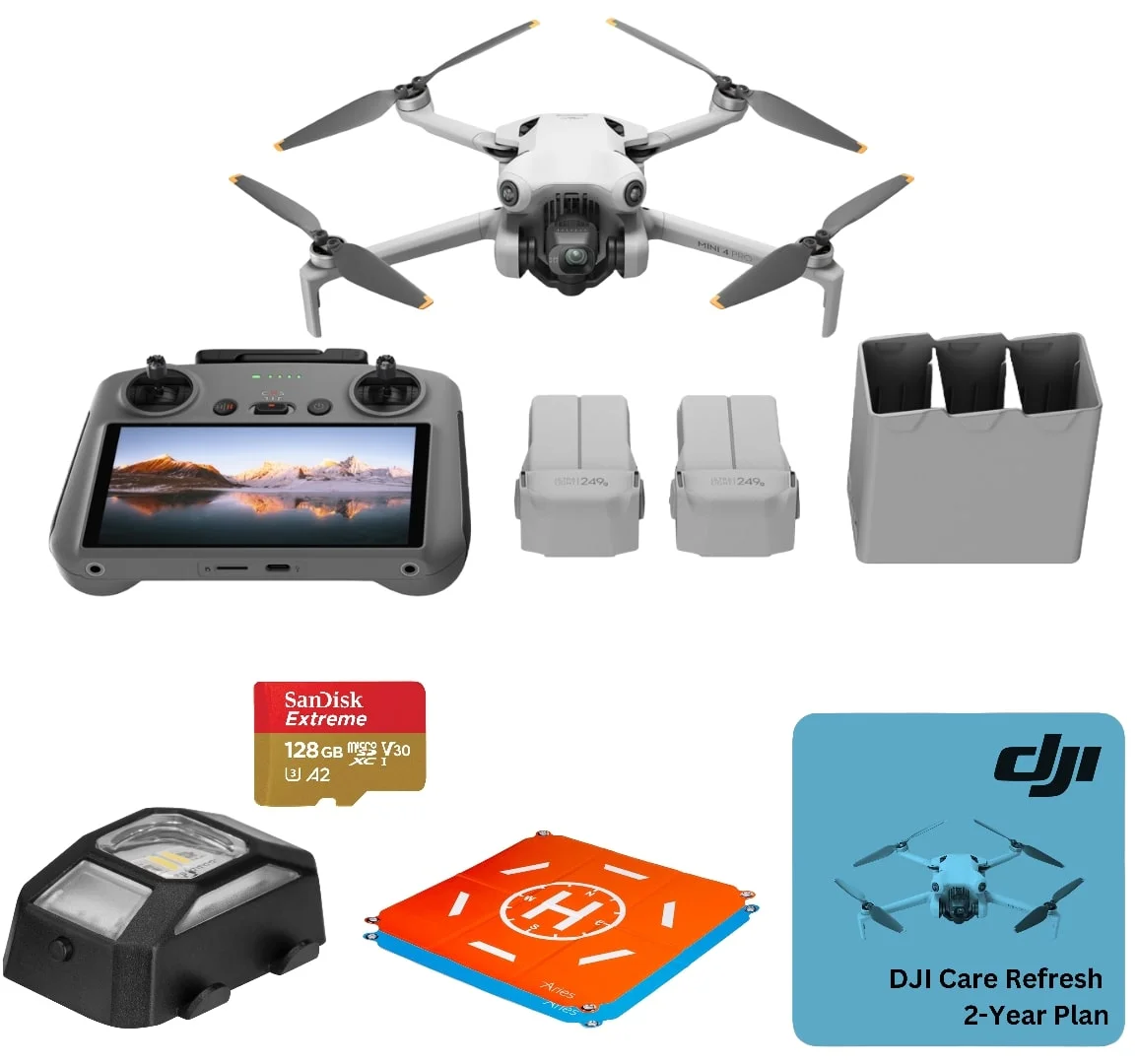 Mini 4 Pro Drone Fly More Combo, Bundle with 2x 128GB Memory Card and Care Refresh 2-Year Plan