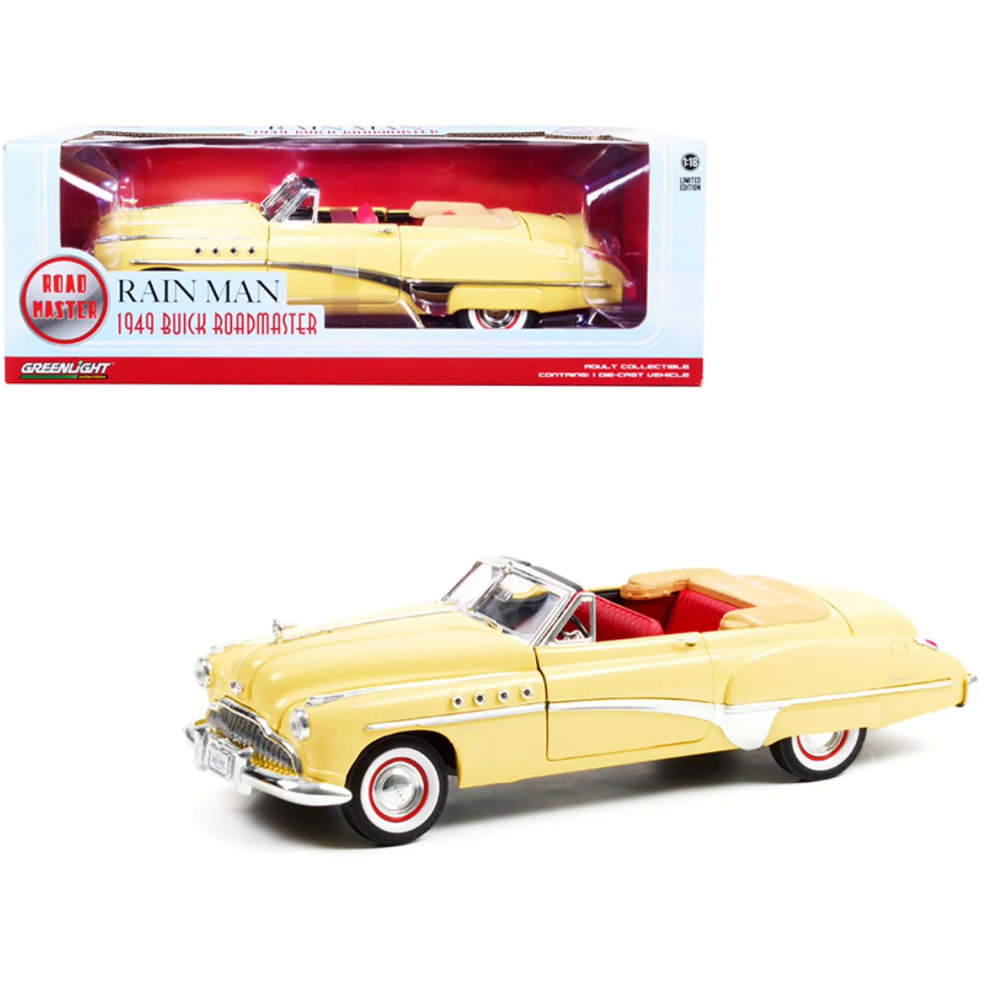 Greenlight 1-18 Scale Roadmaster Convertible Interior Rain Man Movie 1949 Buick Diecast Model Car, Yellow & Red