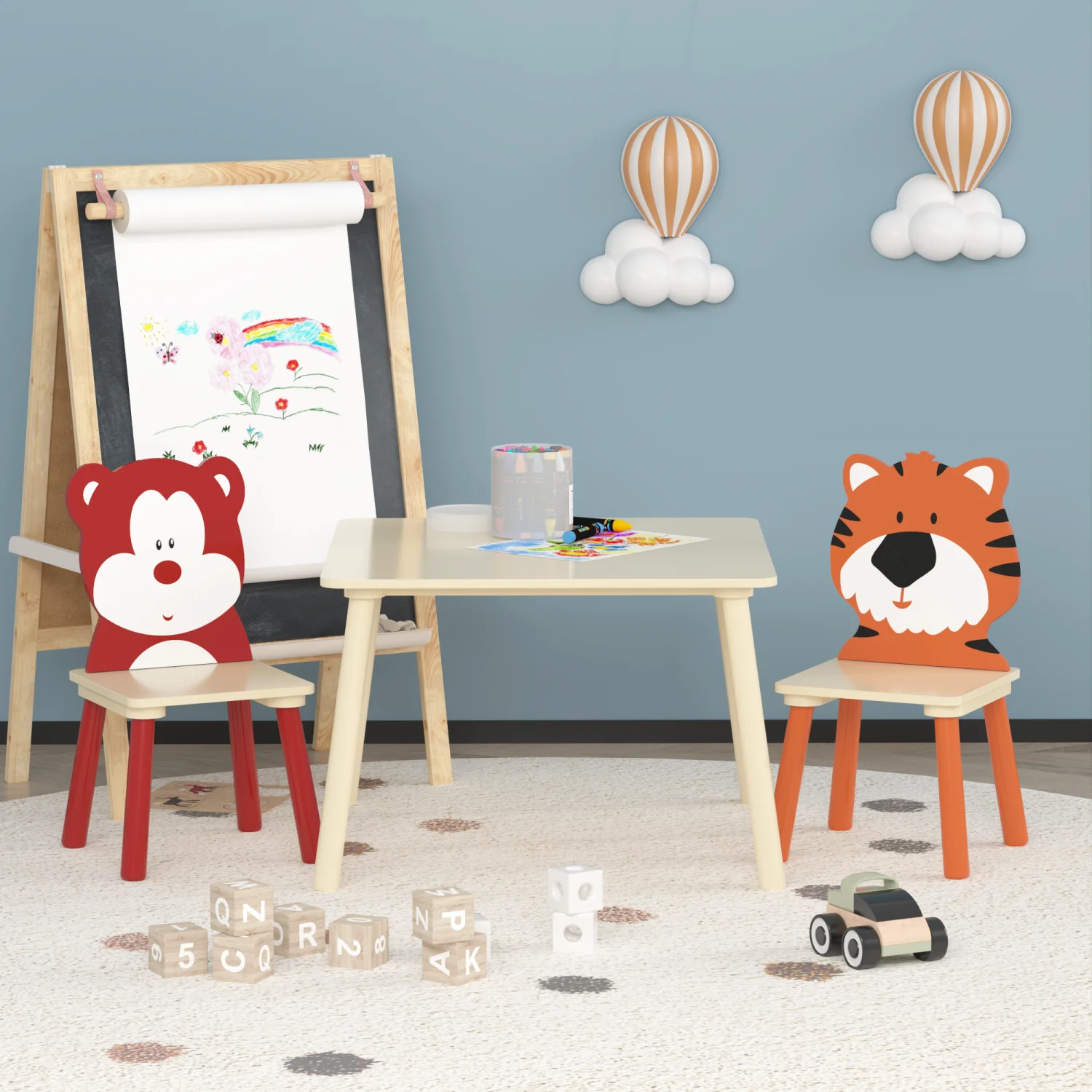 Adorable Kids Table and Chair Set with Bear & Tiger Design 3-Piece Wooden Toddler Activity Play Table Set for Imaginative Play and Learning