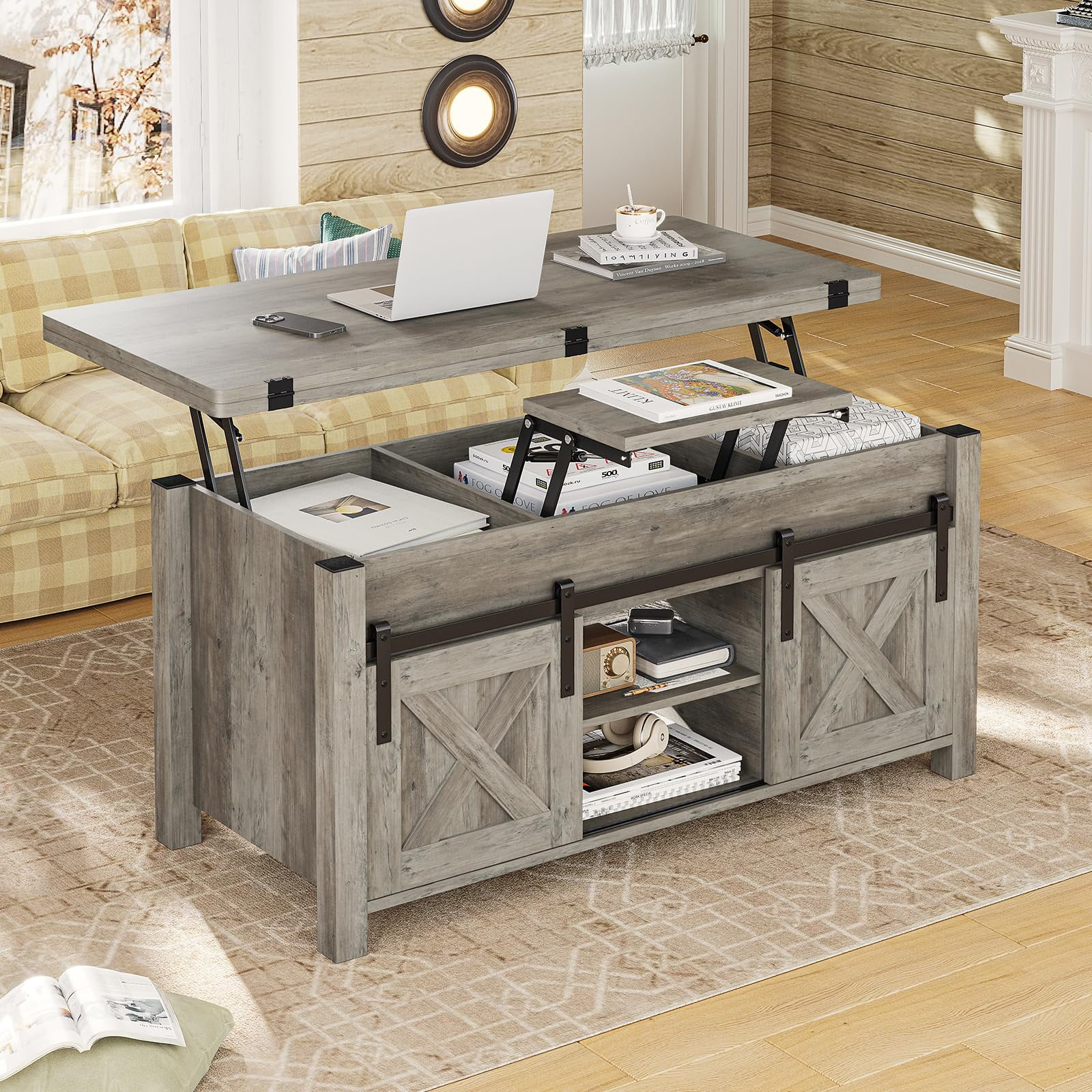 Lift Top Coffee Table with Storage,4 in 1 Multi-Function Convertible Coffee Tables with Hidden Storage Compartment, Farmhouse Dining Table for Living Room, Grey