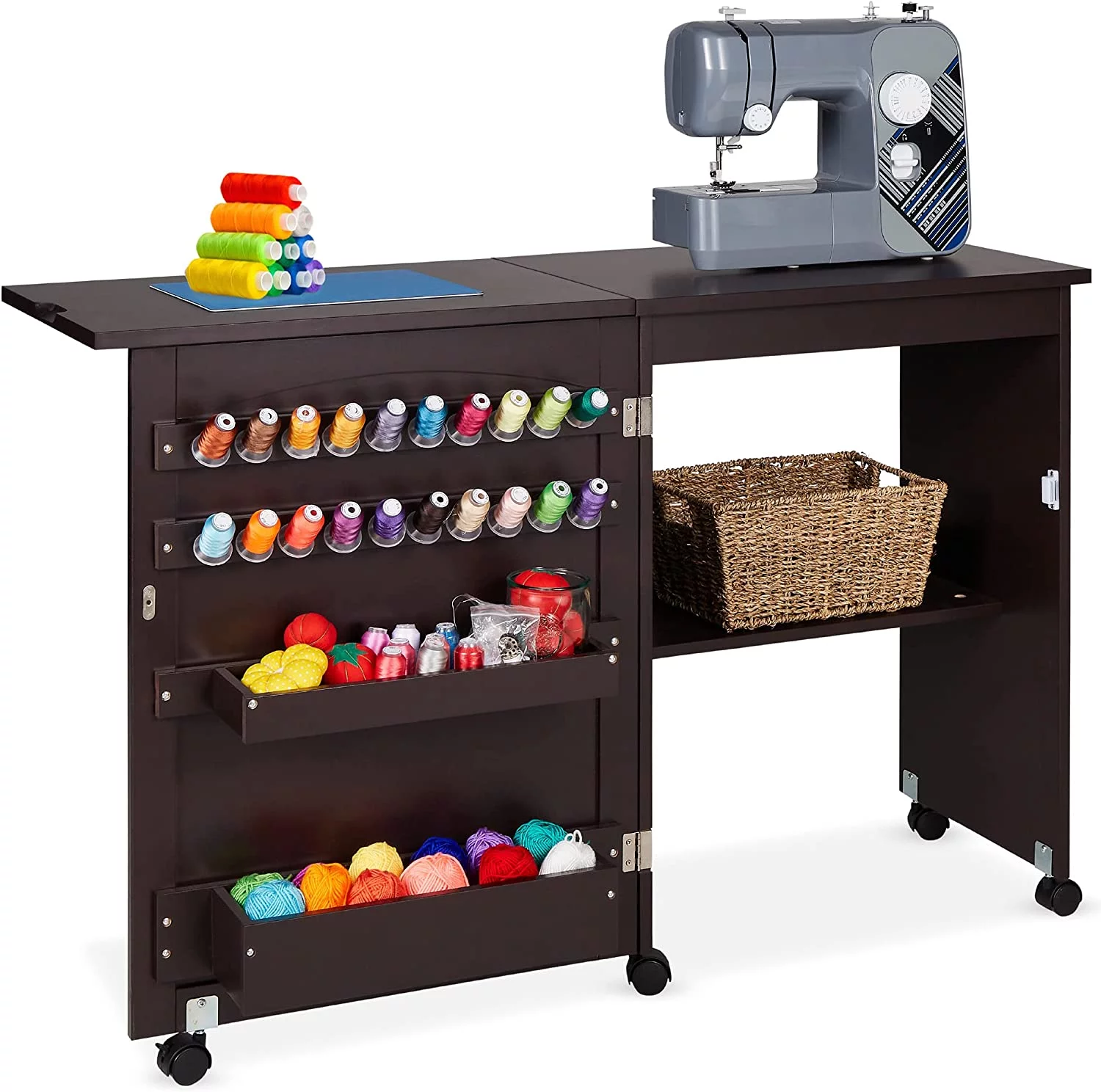 Folding Sewing Table Multipurpose Craft Station & Side Desk with Compact Design, Wheels, Shelves, Bins, Pegs, Magnetic Doors, Metal Doorknobs - Espresso
