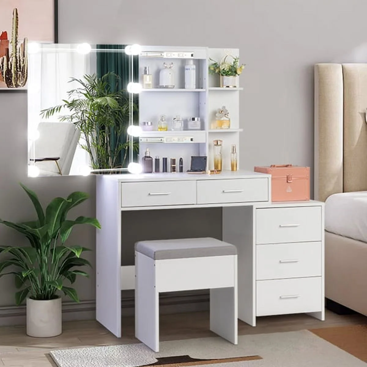 SYTHERS Makeup Desk, Vanity Set Dressing Table with 3 Color Touch Screen Dimming Mirror and Cushion Stool and 2 Shelves Mirror Cabinet for Adult Girls, White