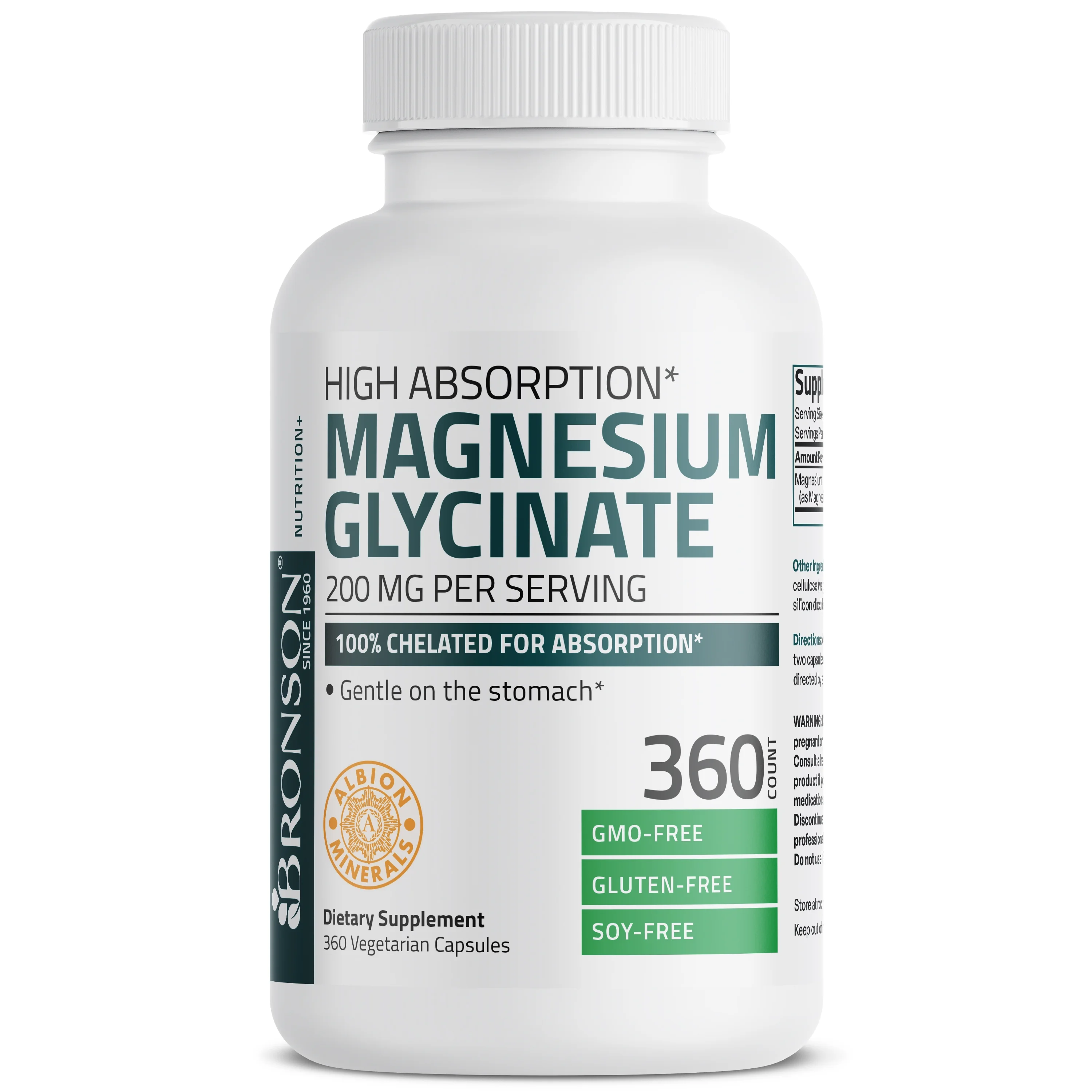 Bronson Magnesium Glycinate 200 MG per Serving 100% Chelated for High Absorption, Gentle On Stomach, Non-GMO, 360 Vegetarian Capsules