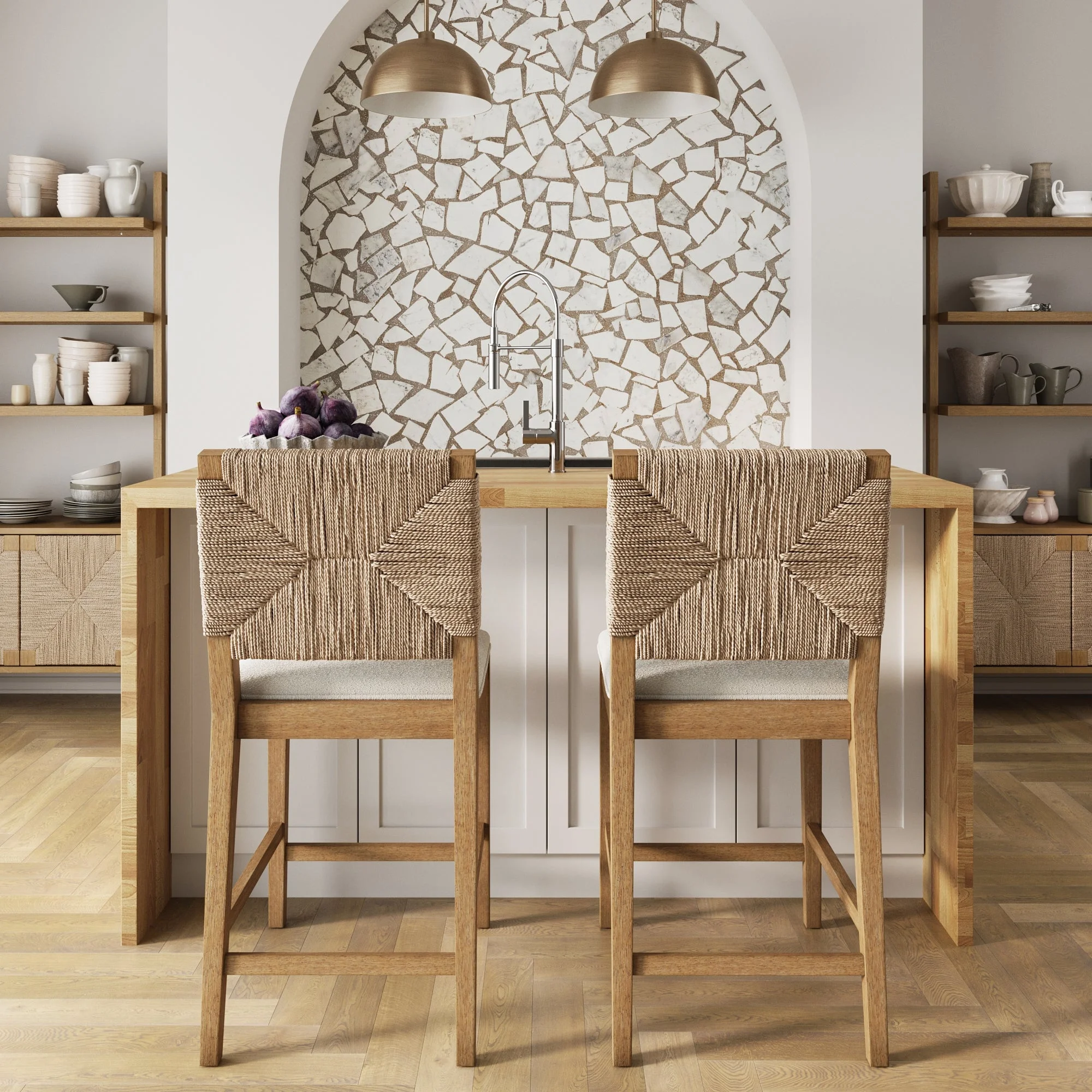 Nathan James Beacon Bohemian Boucle Bar Stool, Upholstered Counter Height Chair with Solid Wood Frame and Woven Seagrass Back for Kitchen Island
