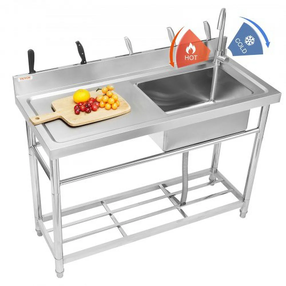 Vevor Stainless Steel Utility Sink, Free Standing Single Bowl Commercial Kitchen Sink Set with Workbench - 39.4 x 19.1 x 37.4 in.