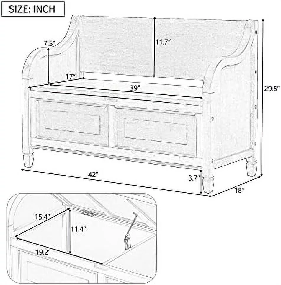 NLTBONNIE 42 Inch Rustic Style Bench with Safety Hinge Solid Wood Entryway Multifunctional Bench Shoe Bench with Removable Cushion for Living Room Bedroom