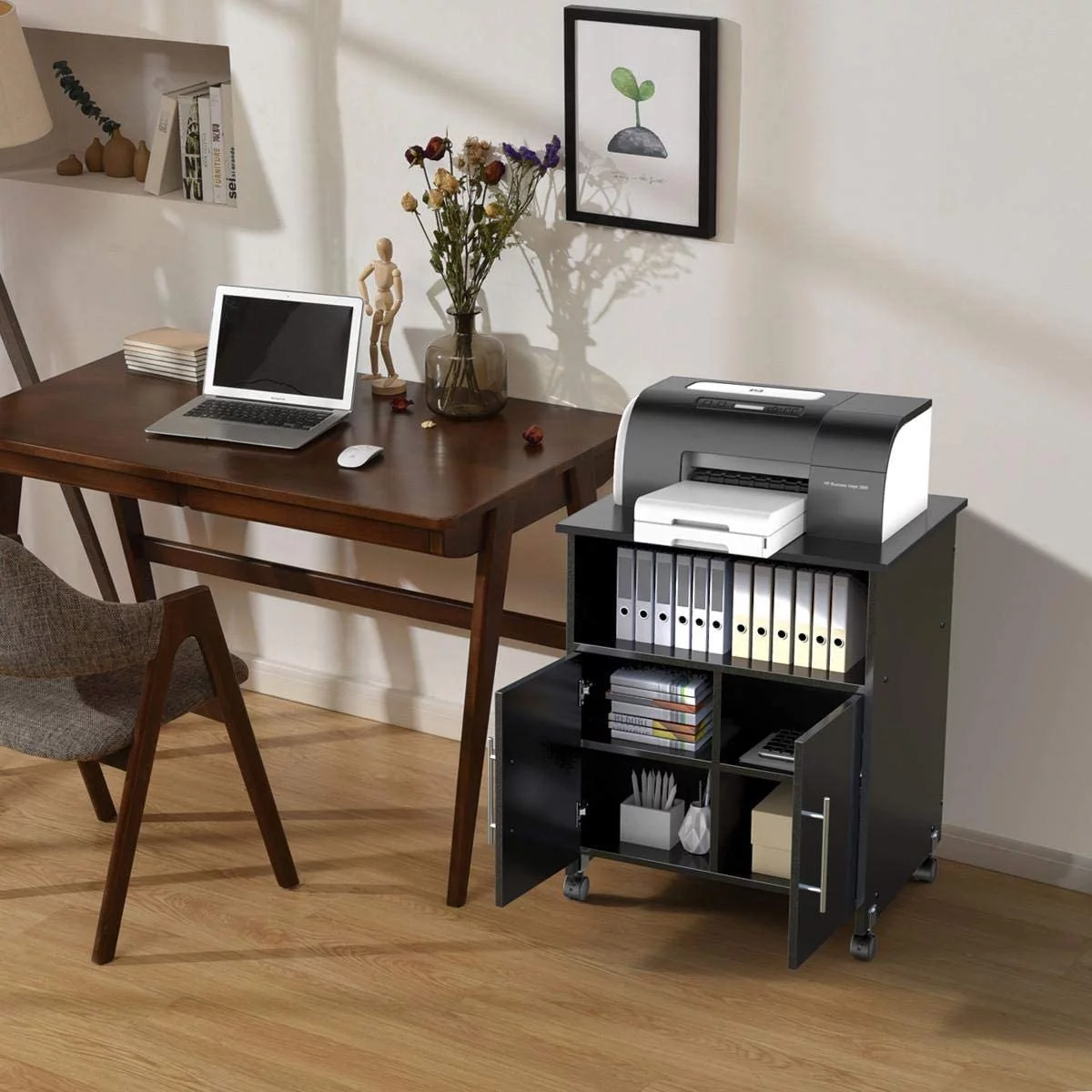 Mobile Printer Stand with Storage and Adjustable Shelf for Home Office, Rolling Wood Storage Cabinet on Wheels, Black