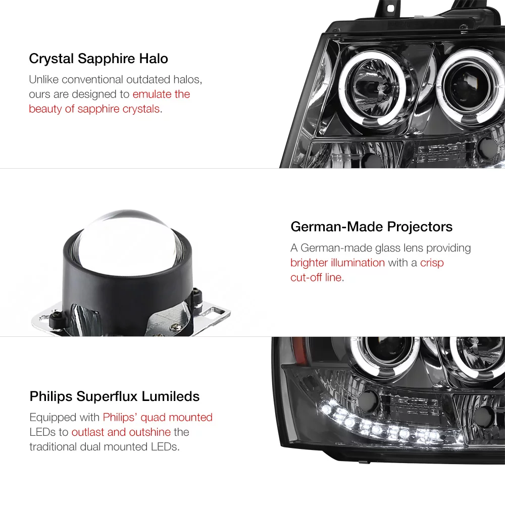 [For 2007-2014 Chevy Avalanche Tahoe Suburban 1500 2500] LED Halo Ring Smoke Lens Projector Headlight Headlamp Assembly, Driver & Passenger Side