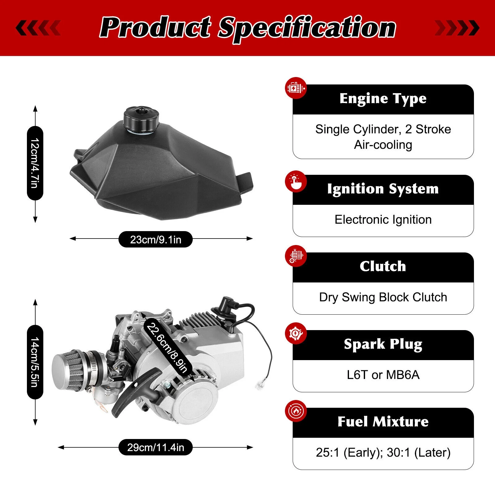 49CC 2 Stroke Mini Bike Engine Single Cylinder Pull Start Mini Engine Motor Kit Air Cooled Engine for Pocket Bike, Mini Dirt Bike, ATV, Scooter