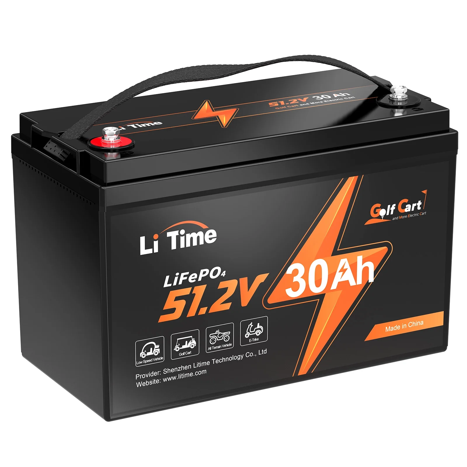 LiTime 48V (51.2V) 30Ah LiFePO4 Lithium Golf Cart Battery, Built-in 60A BMS, Support 2C Discharge, Max. Power 3.07KW, Suitable for 2KW Motor, Perfect for Golf Cart, RV, Lawn Mower