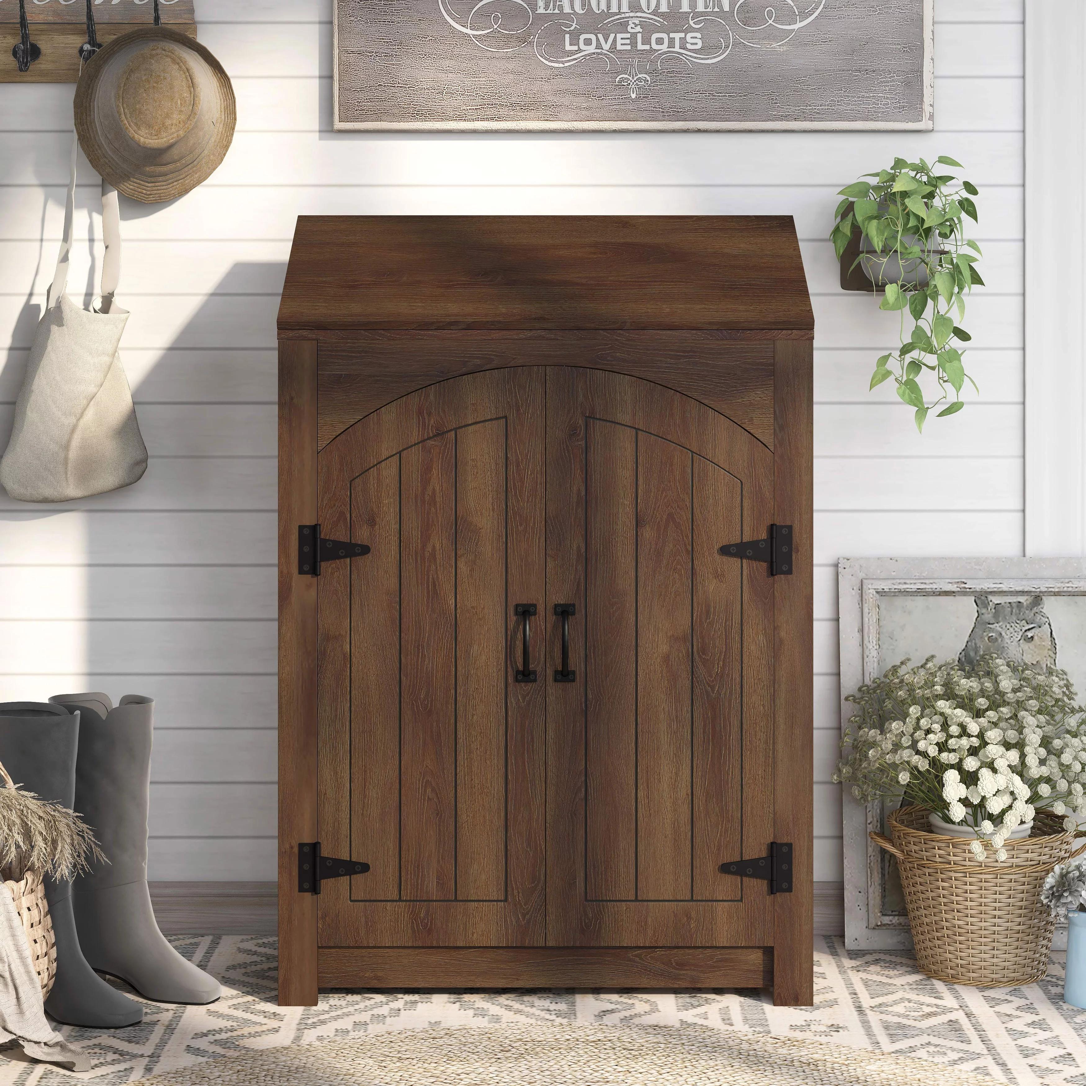Denhour DH BASIC Jody Farmhouse Adjustable 4-Shelf Double-Door Shoe Cabinet with Lift-top Storage by Vintage Grey Oak N/A