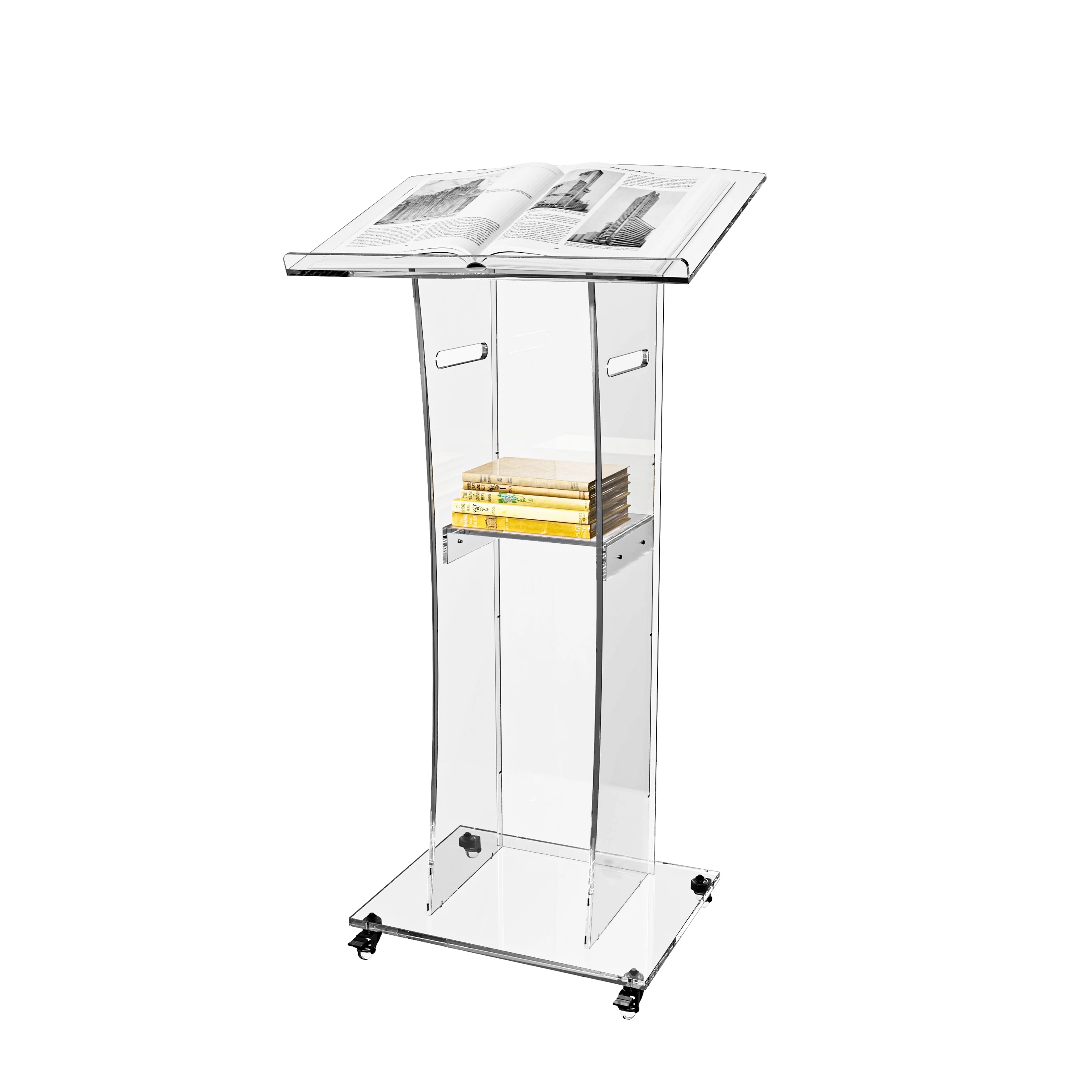 Ageszoe Modern Acrylic Clear Rolling Podium Stand with Storage Shelf, 47