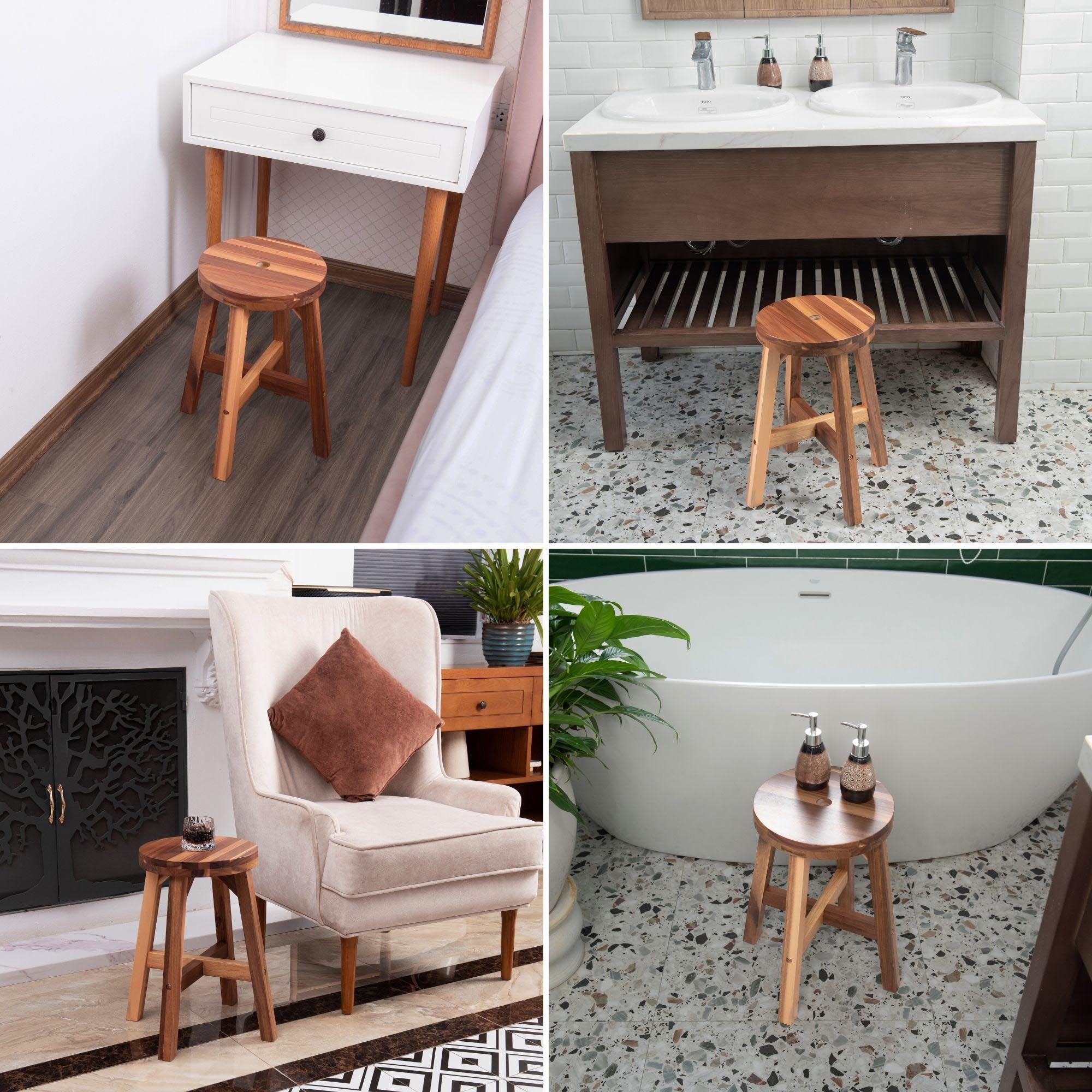 Versatile Acacia Wood Stool Light Brown Compact Size (15.4