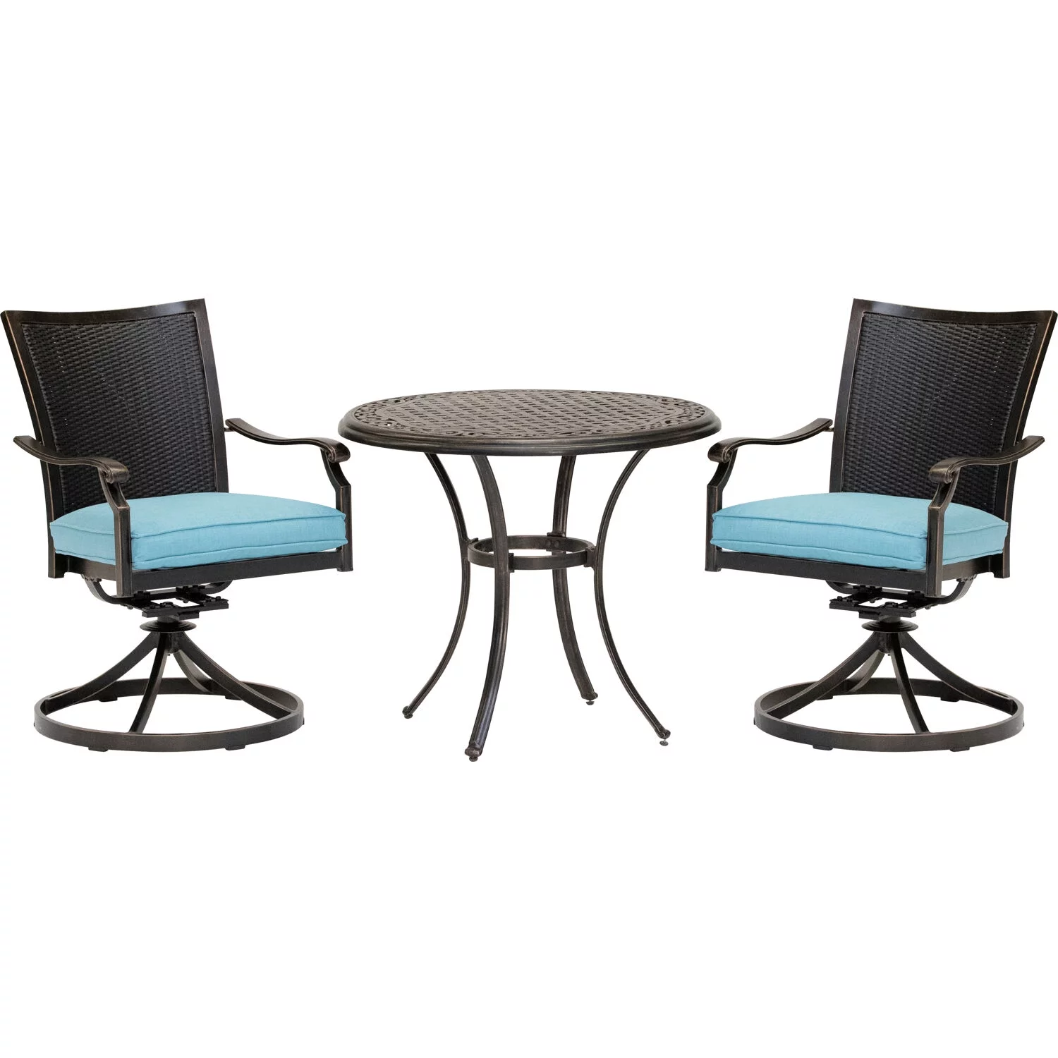 Hanover Traditions 3-Piece Outdoor Furniture Patio Bistro Set, 2 Cushioned Wicker Back Cast Aluminum Swivel Rocker Chairs and 32