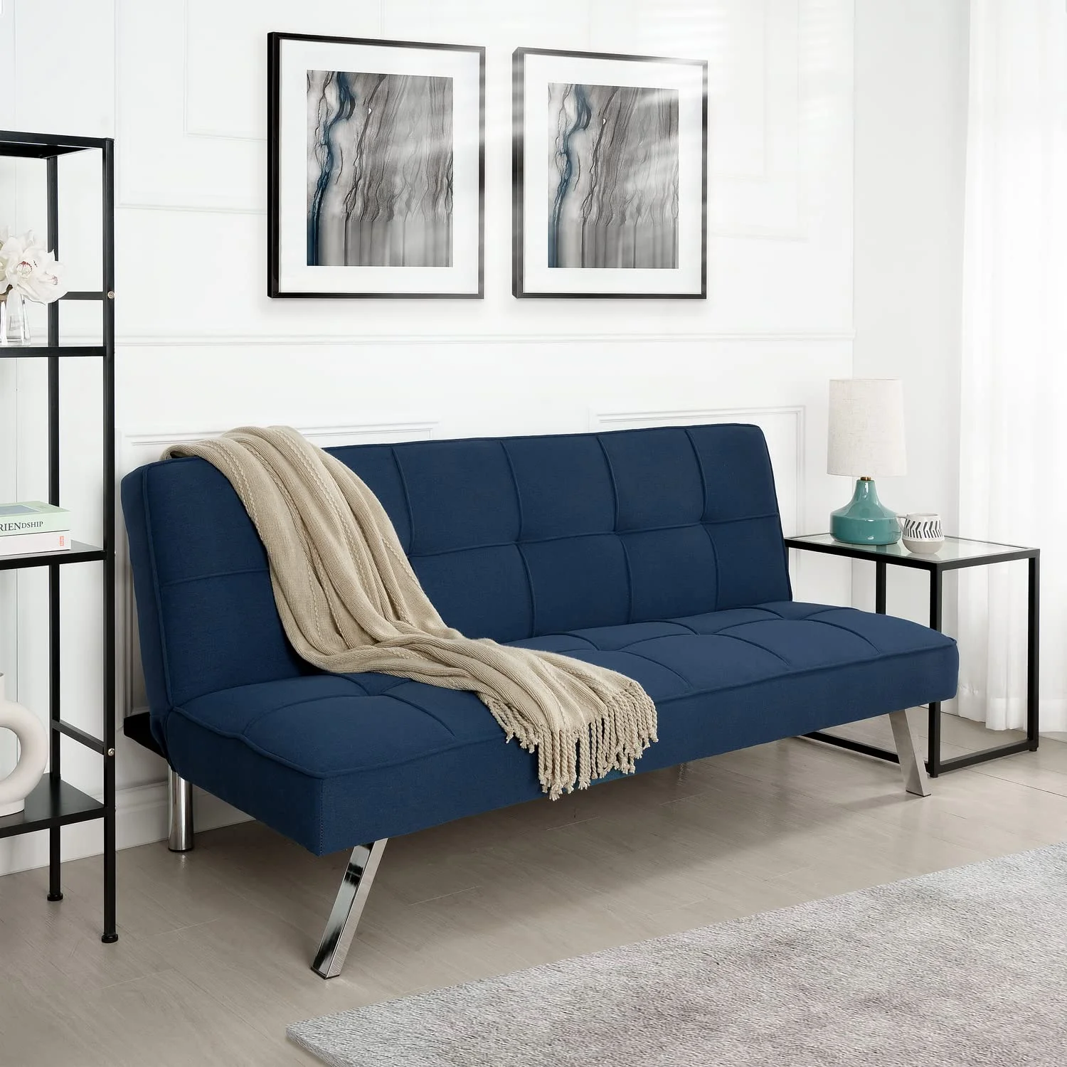 Naomi Home Modern Futon Sofa Bed, Navy Blue, Tufted, Convertible, Linen Fabric, 750 lbs Weight Capacity