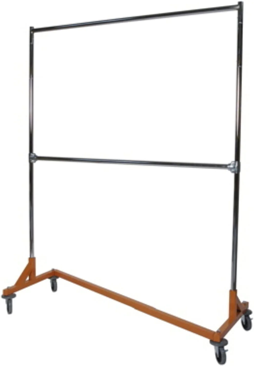 Deluxe Commercial Grade Rolling Z Rack Garment Rack with OSHA Safety Orange Nesting Base, 400lb , Double Bar and Adjustable Height Chrome Uprights