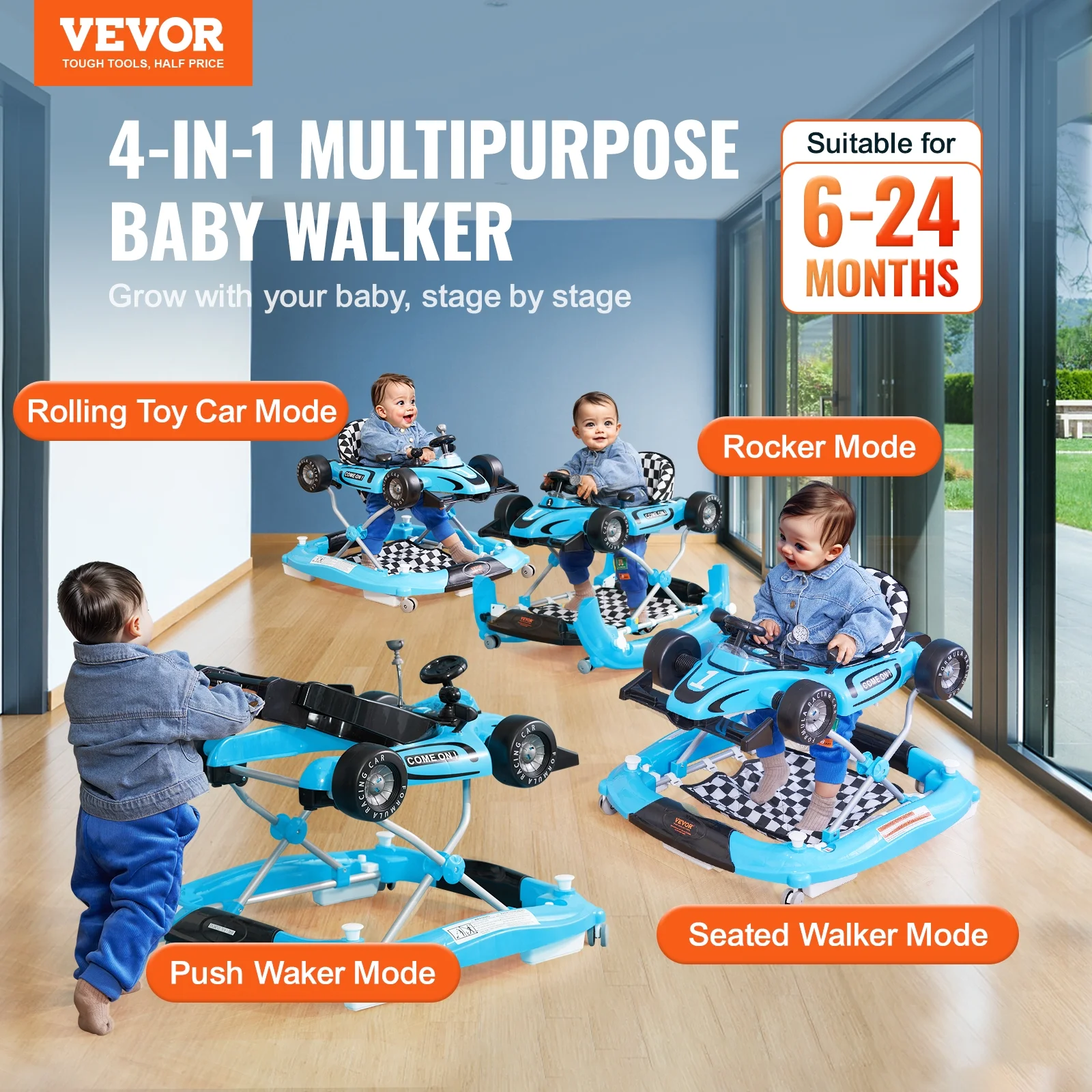SKYSHALO Baby Walker 4 in 1, Foldable Height Adjustable Baby Walker with Wheels, Infant Toddler Walker with Foot Pads, Anti-Fall Baby Walkers and Activity Center for Boys and Girls 6-24 Months