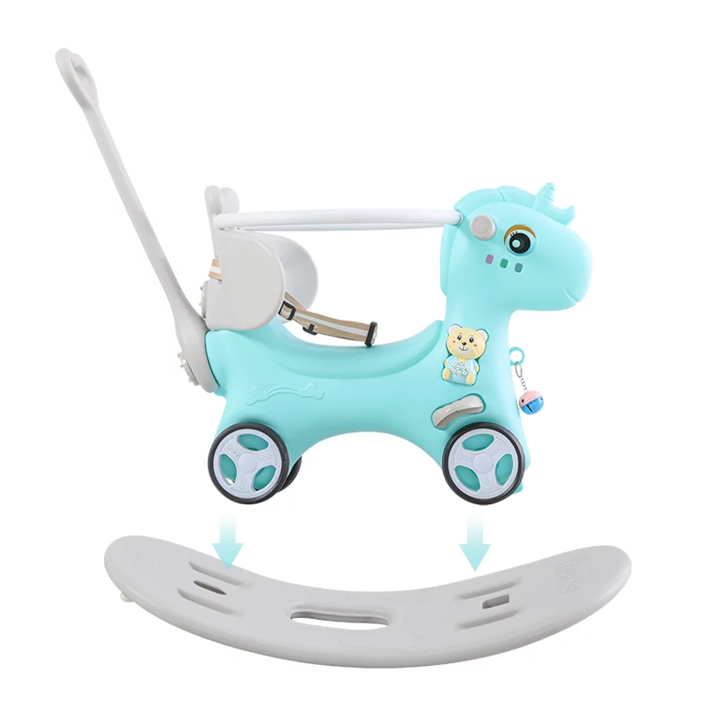AYUQI 5 in 1 Rocking Horse for Toddlers 1-3 Years Old, Balance Bike Ride on Toys with Push Handle, Backrest and Balance Board for Baby Girl and Boy, Unicorn Theme Kids Riding Birthday (Blue)
