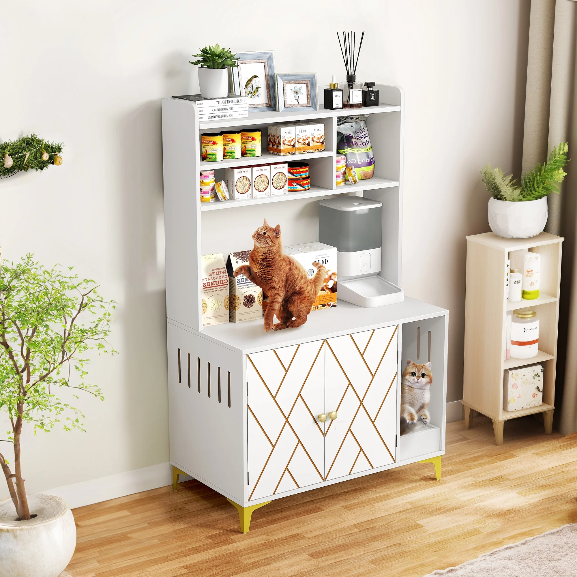 Dextrus Large Hidden Cat Litter Box Furniture With Charging Station and 3 Storage Shelves and Doors, Cat Litter Box Enclosure, Wood Cat Washroom Storage Indoor Cat House Furniture , White & Gold