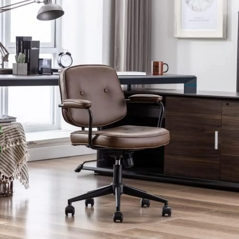 HYHBIBOOM Home Office Chair Vintage Linen Fabric Armless Desk Chair with Rattan Backrest and Wheels Swivel Vanity Chair for Bedroom Beige