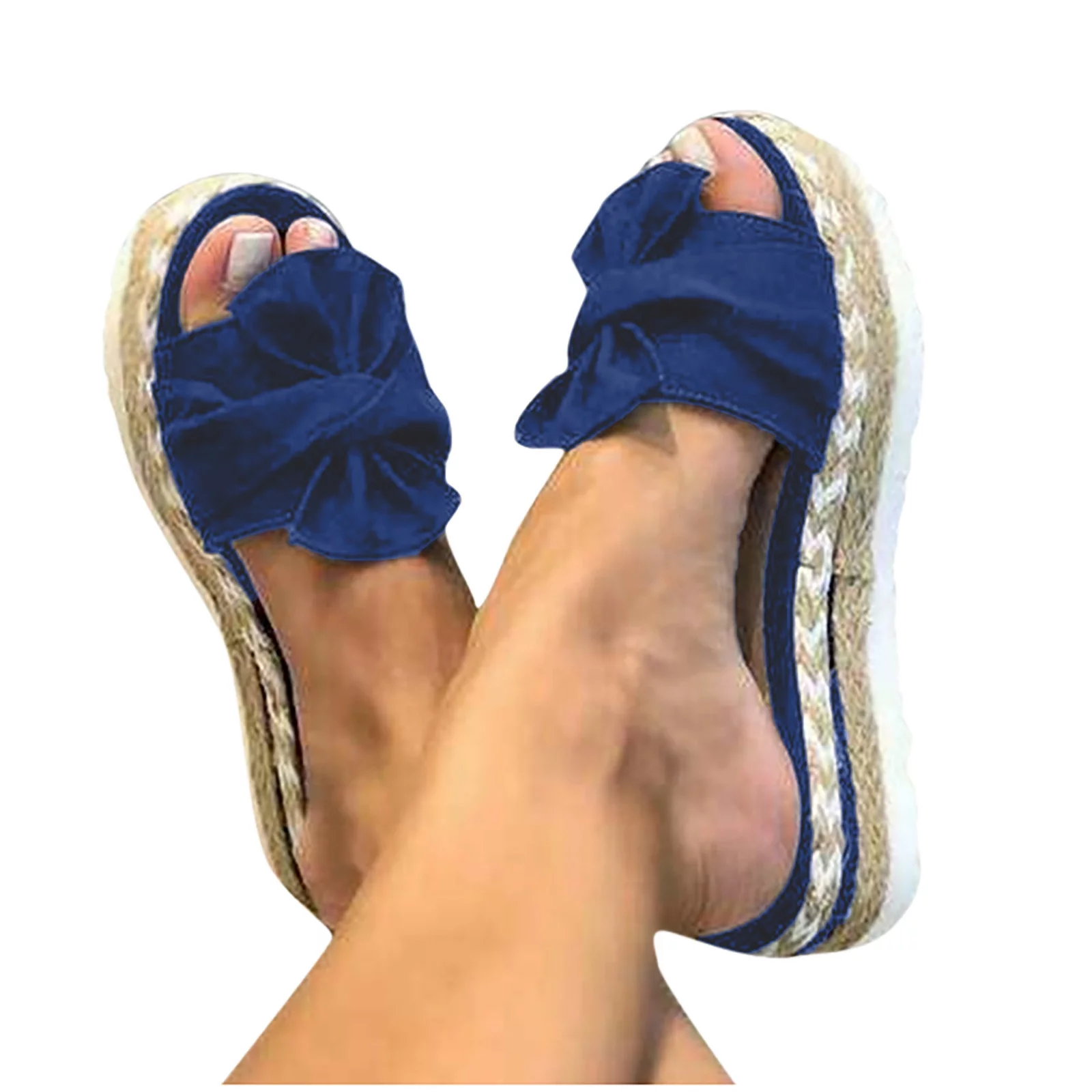 LoyisViDion Womens Sandals Clearance Women Bowknot Beach Summer Slippers Platform Slope Heels Plus Size Shoes Blue 9.5-10(42)