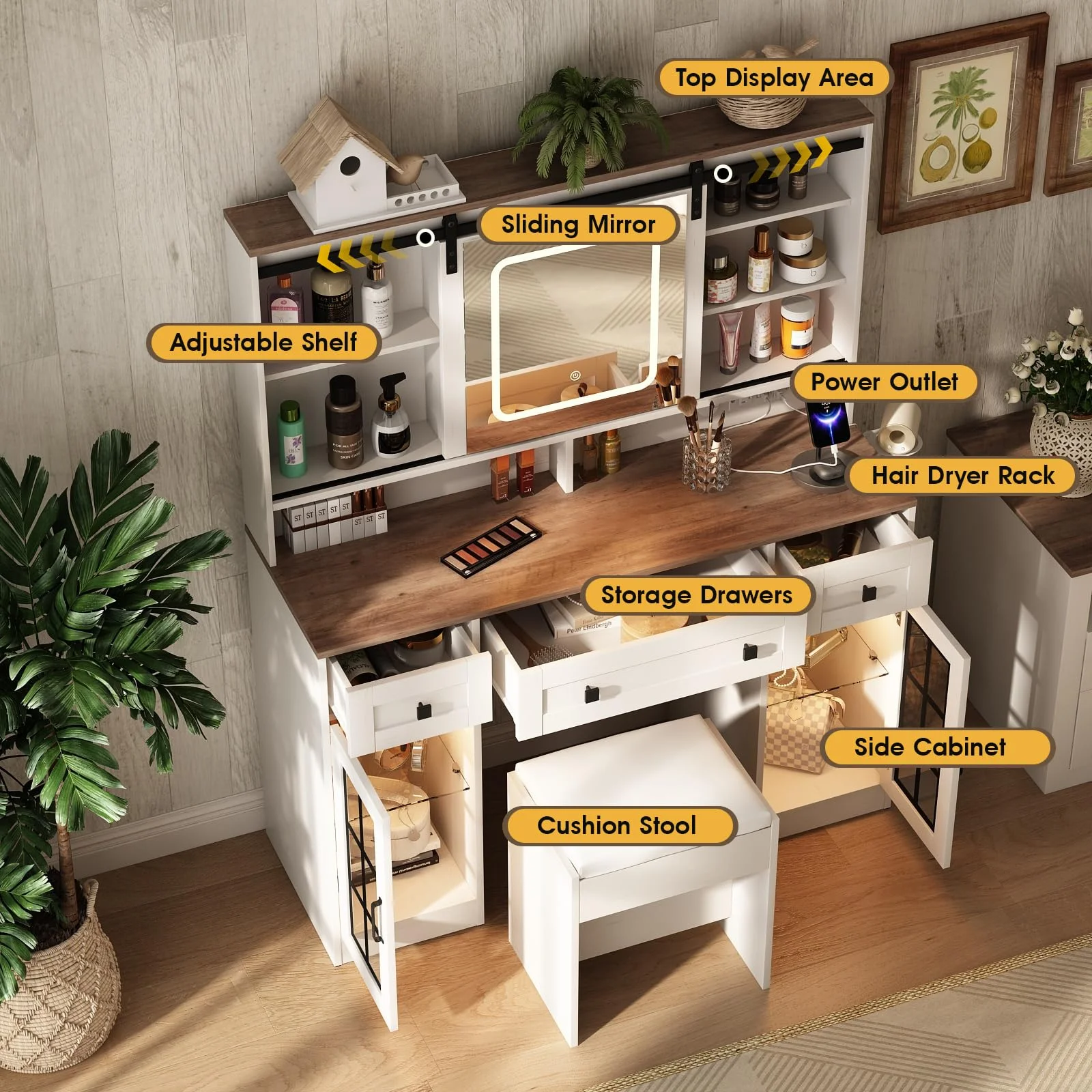 Vabches Farmhouse Makeup Vanity Desk with Sliding Mirror Large Vanity Table with 3 Drawers and Charging Station, White