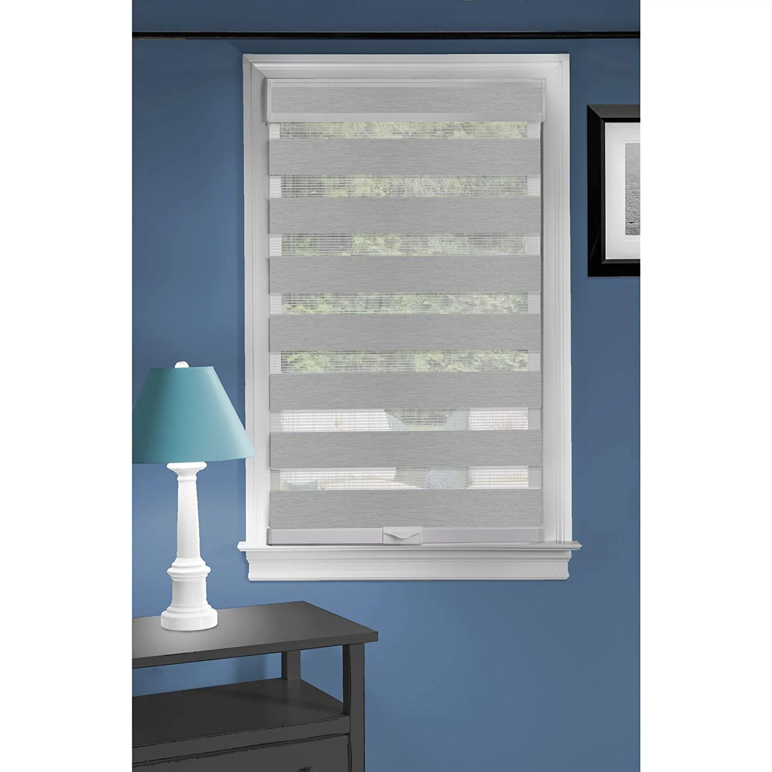 Cordless Serenity Sheer Double Layered Zebra Shade Horizontal Cordless Window Shade Blind Roller Blinds & Treatments (35x72, Grey)